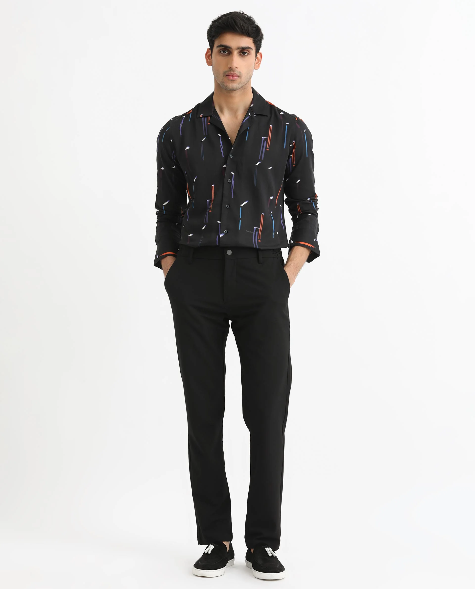 Rare Rabbit Men's Lexa Black Cotton Geometric Print Regular Fit Full Sleeve Cuban Collar Shirt - Image 2