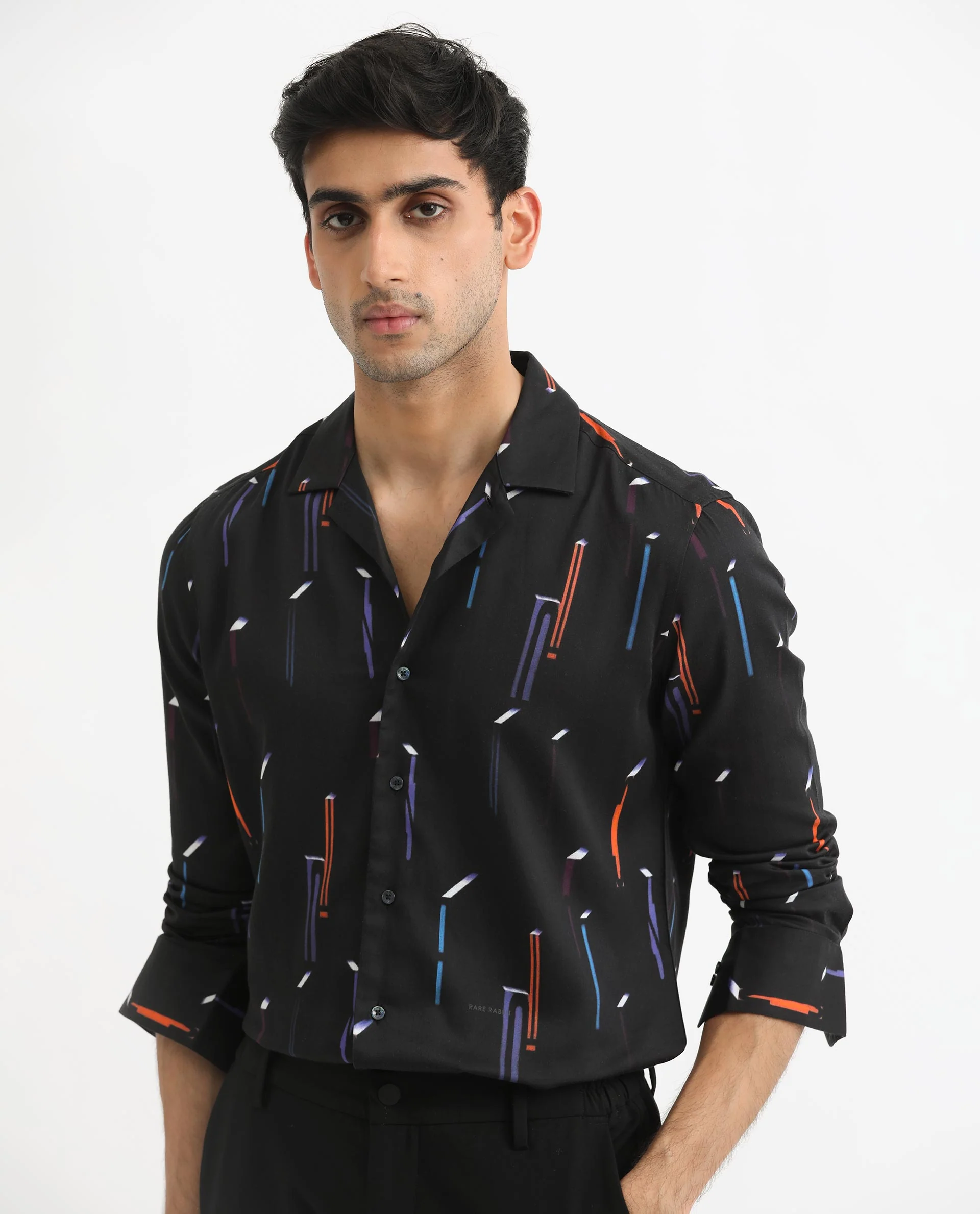 Rare Rabbit Men's Lexa Black Cotton Geometric Print Regular Fit Full Sleeve Cuban Collar Shirt - Image 3