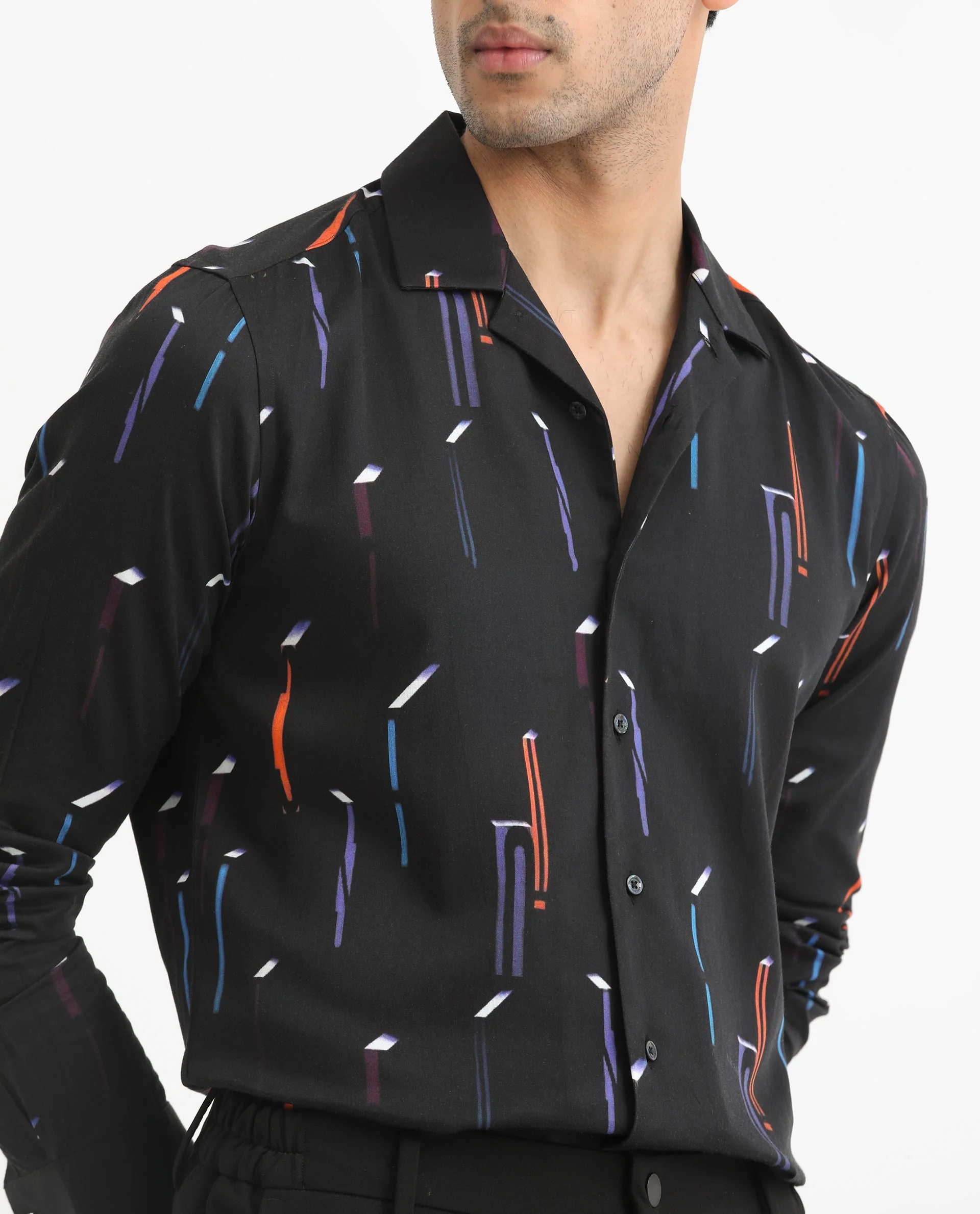 Rare Rabbit Men's Lexa Black Cotton Geometric Print Regular Fit Full Sleeve Cuban Collar Shirt - Image 5