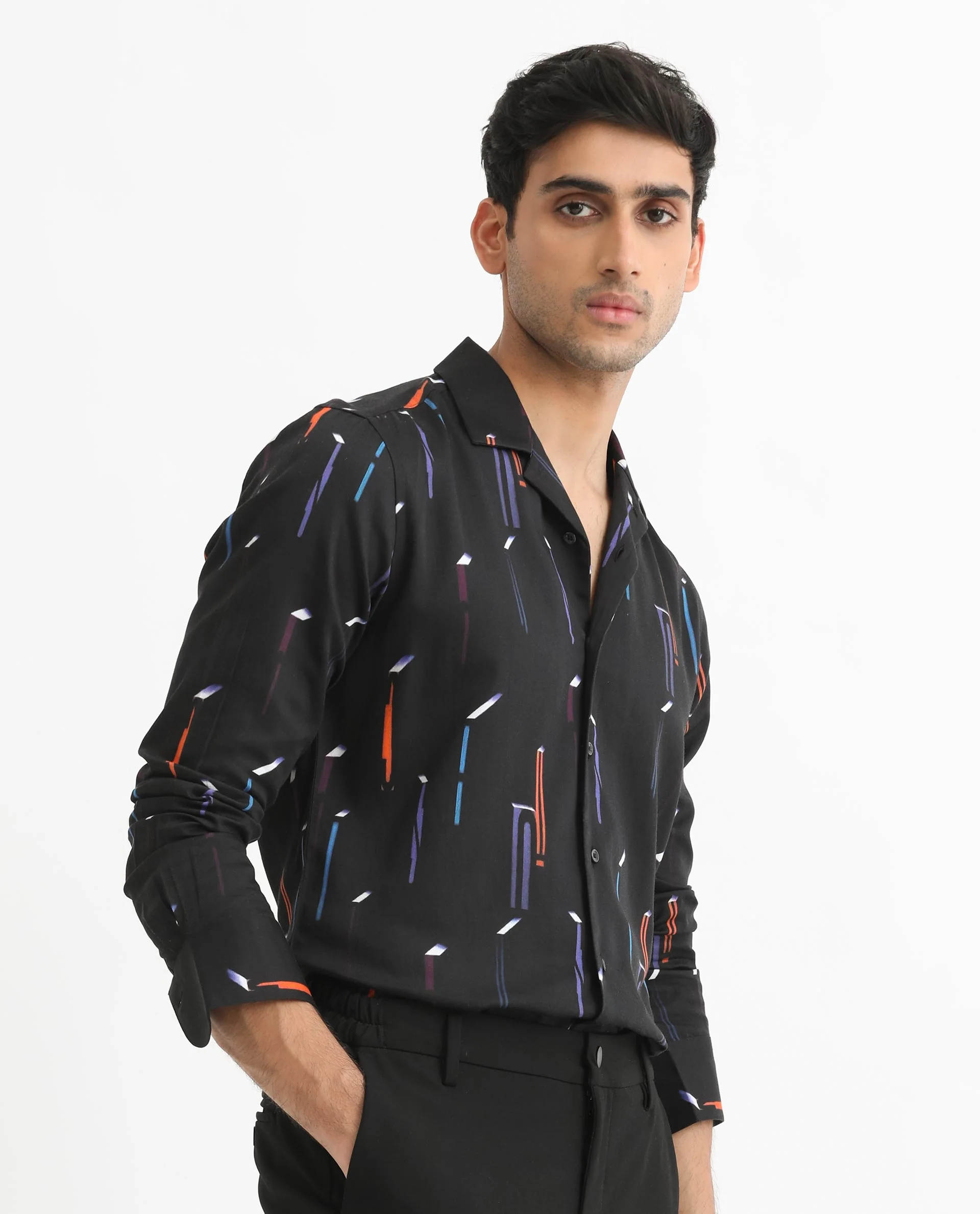 Rare Rabbit Men's Lexa Black Cotton Geometric Print Regular Fit Full Sleeve Cuban Collar Shirt - Image 6