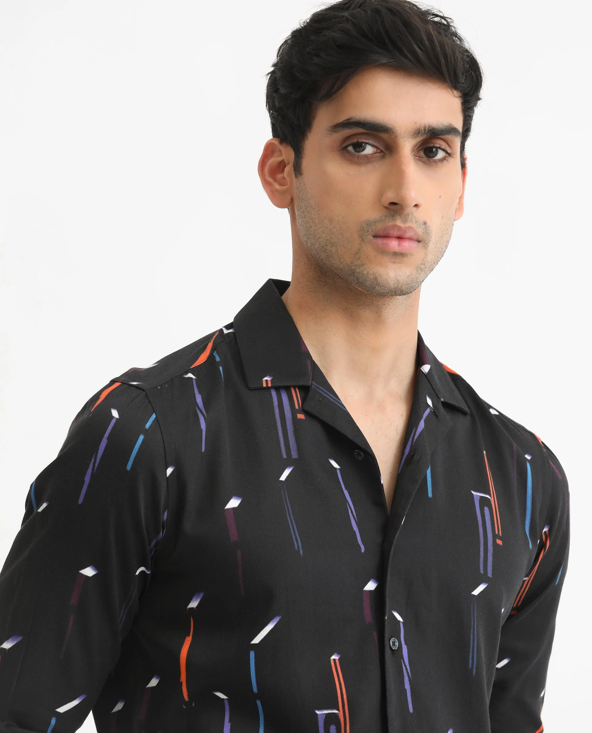Rare Rabbit Men's Lexa Black Cotton Geometric Print Regular Fit Full Sleeve Cuban Collar Shirt - Image 7
