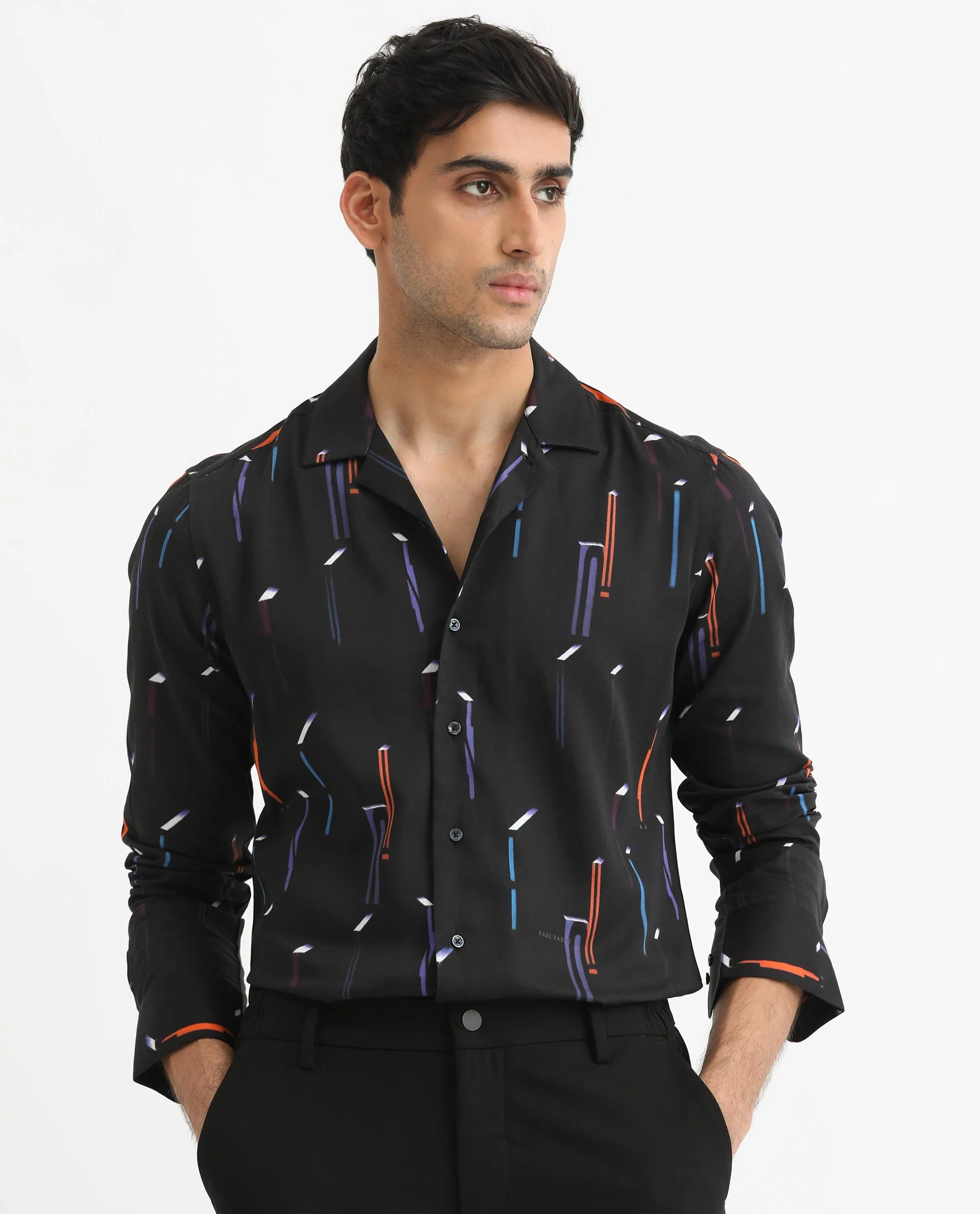Rare Rabbit Men's Lexa Black Cotton Geometric Print Regular Fit Full Sleeve Cuban Collar Shirt - Image 8