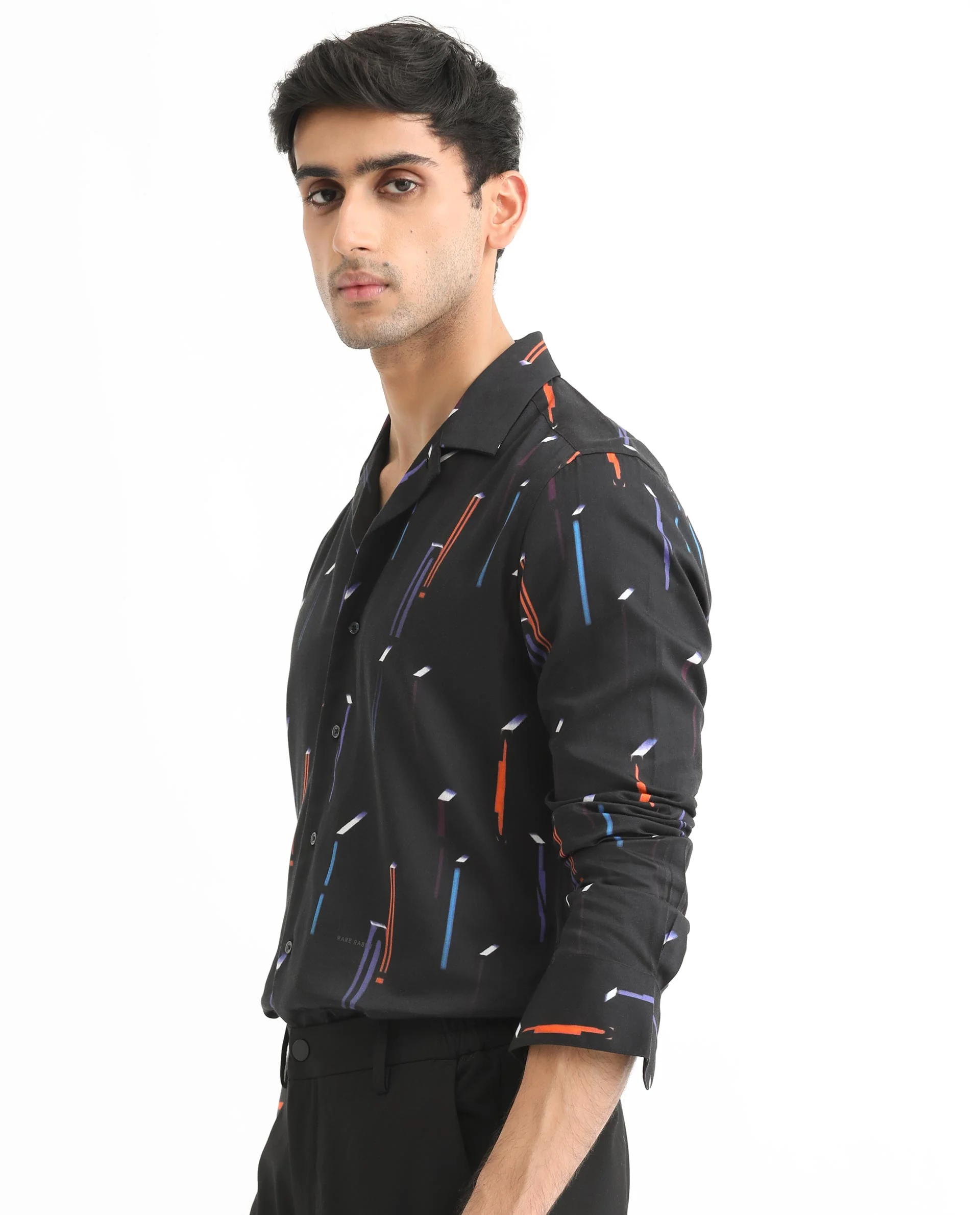 Rare Rabbit Men's Lexa Black Cotton Geometric Print Regular Fit Full Sleeve Cuban Collar Shirt - Image 9