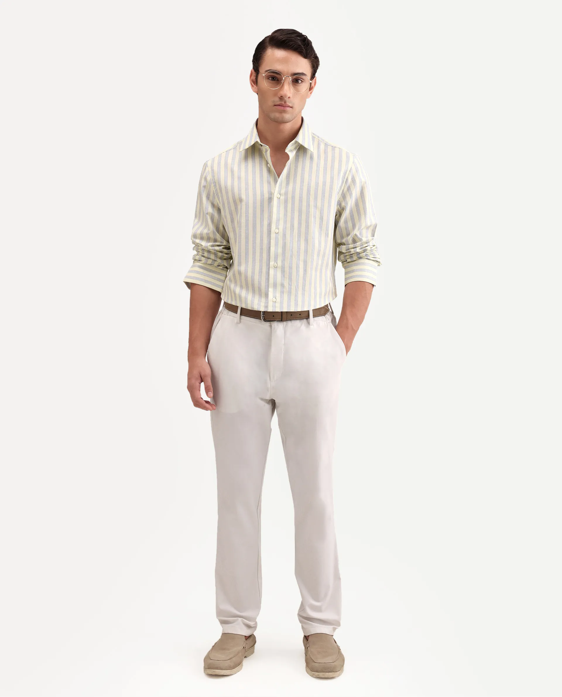 Rare Rabbit Men's Lexab Yellow Cotton Fabric Full Sleeve Spread Collar Button Regular Striped Shirt - Image 2