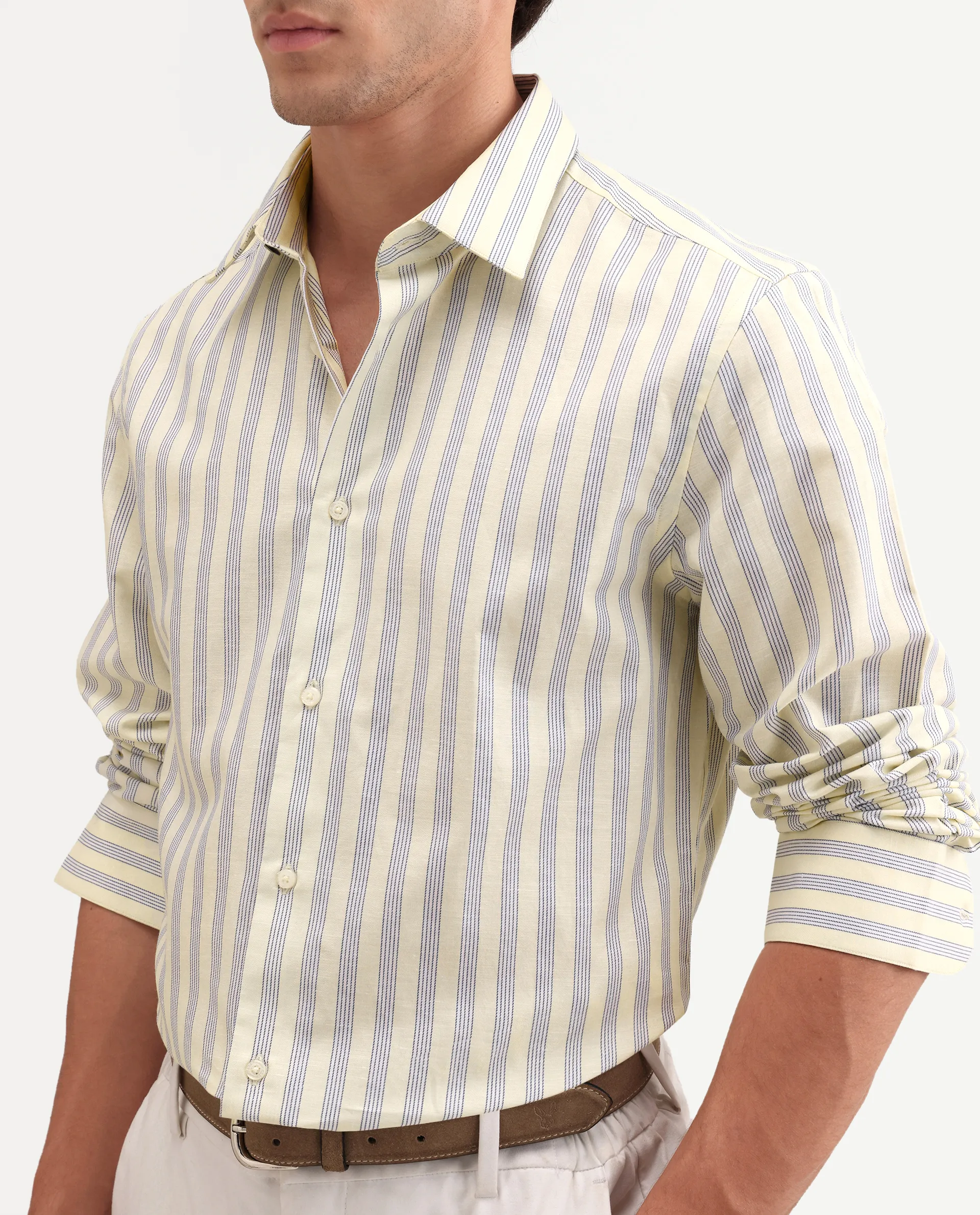 Rare Rabbit Men's Lexab Yellow Cotton Fabric Full Sleeve Spread Collar Button Regular Striped Shirt - Image 3