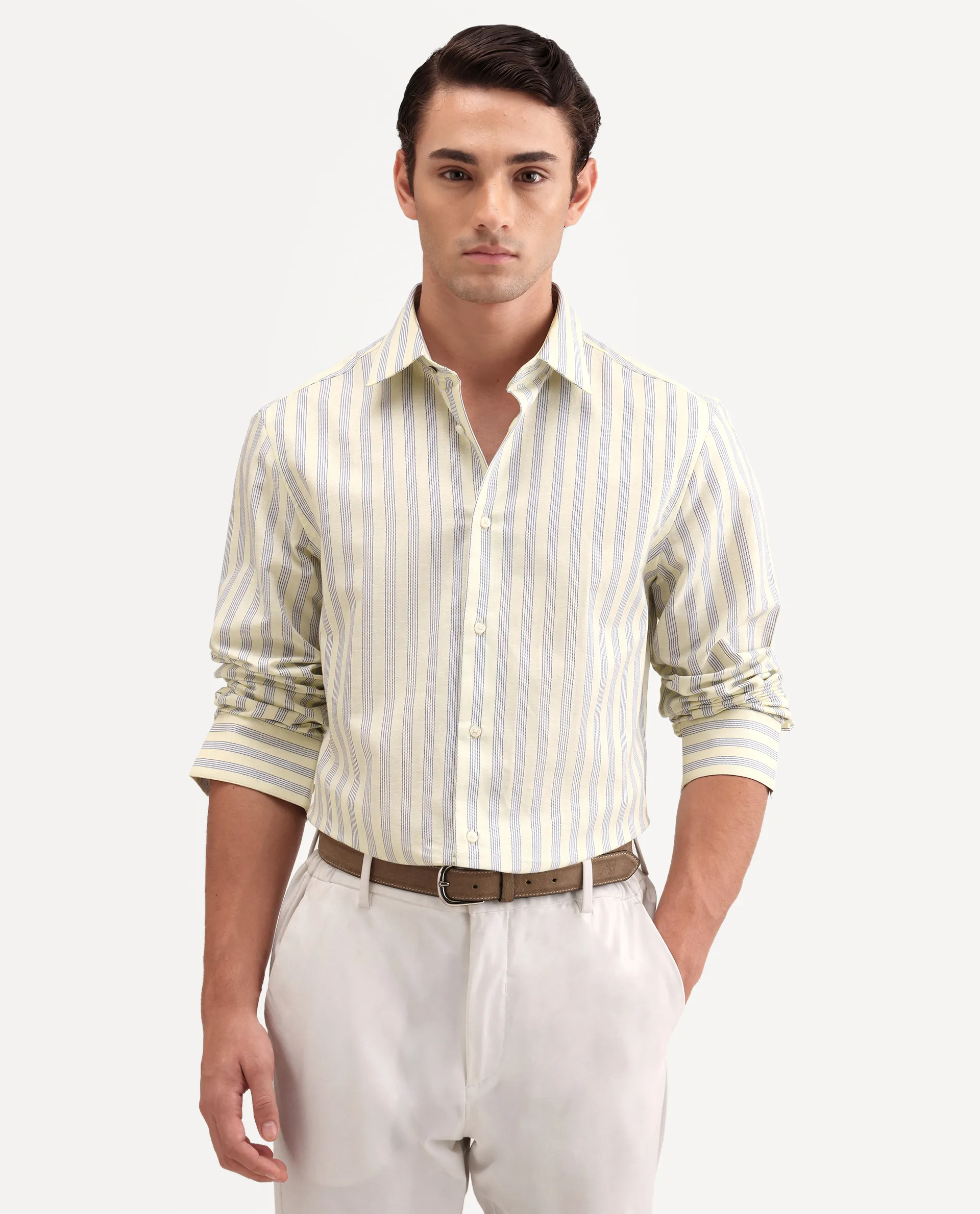 Rare Rabbit Men's Lexab Yellow Cotton Fabric Full Sleeve Spread Collar Button Regular Striped Shirt - Image 4