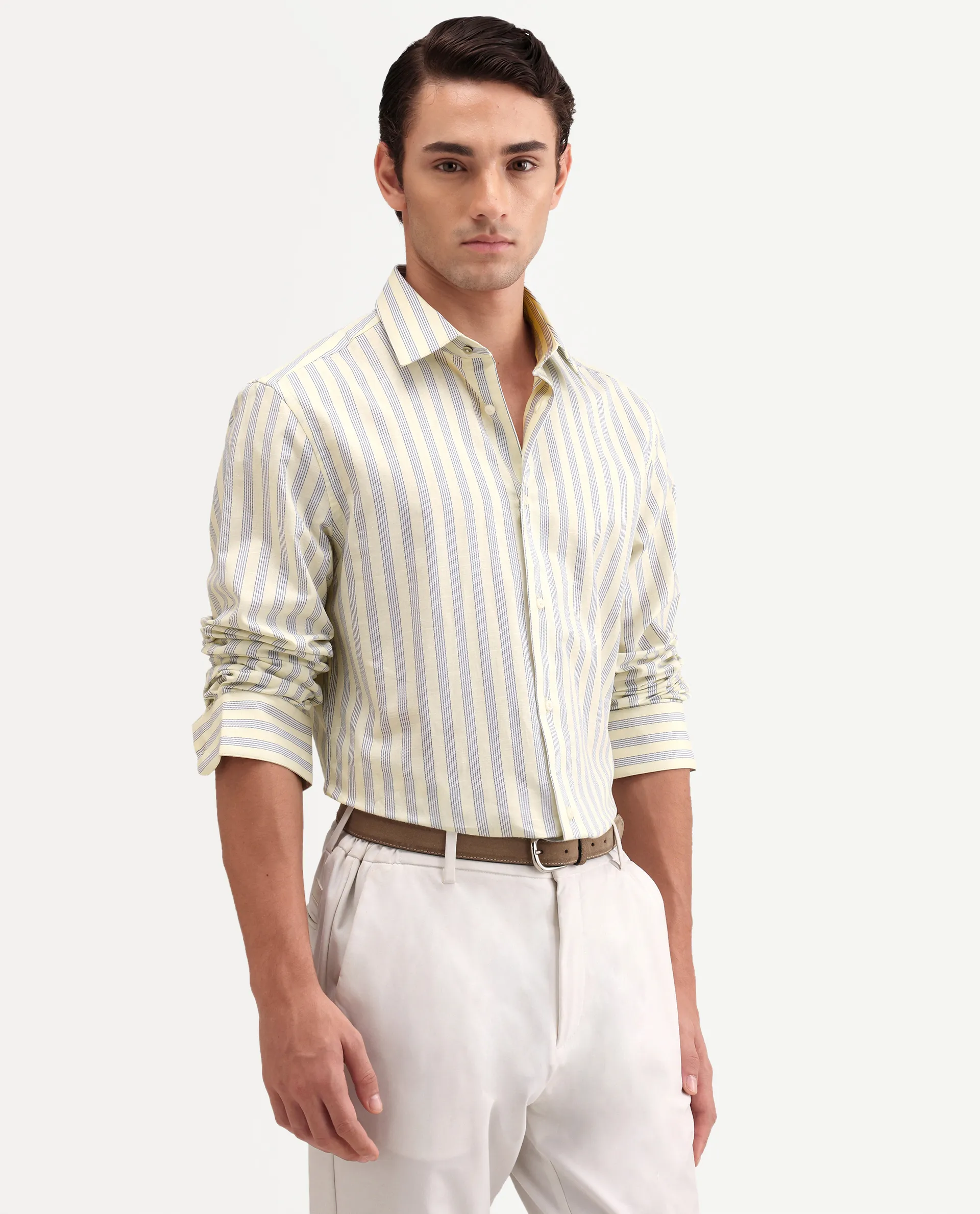 Rare Rabbit Men's Lexab Yellow Cotton Fabric Full Sleeve Spread Collar Button Regular Striped Shirt - Image 5