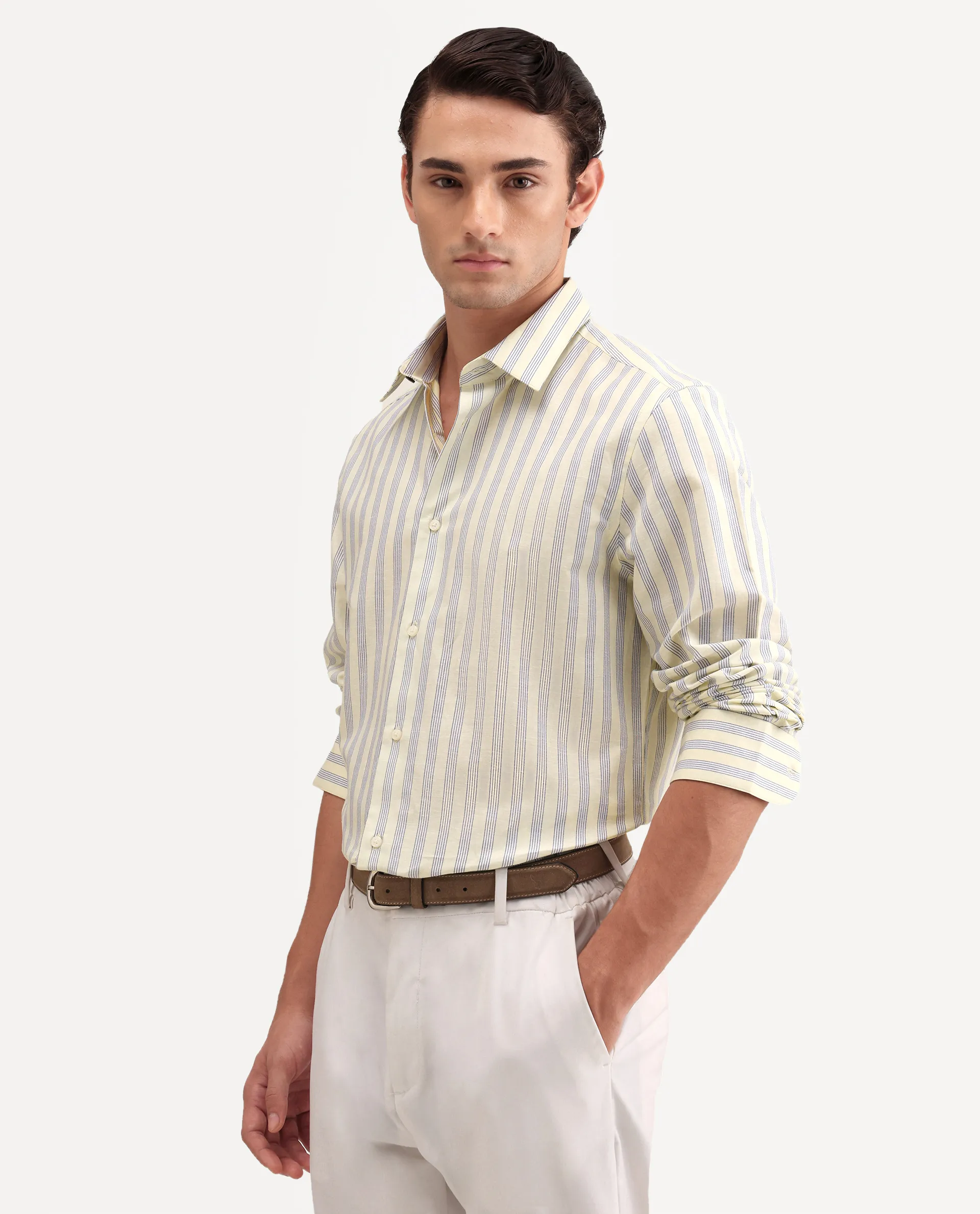 Rare Rabbit Men's Lexab Yellow Cotton Fabric Full Sleeve Spread Collar Button Regular Striped Shirt - Image 6