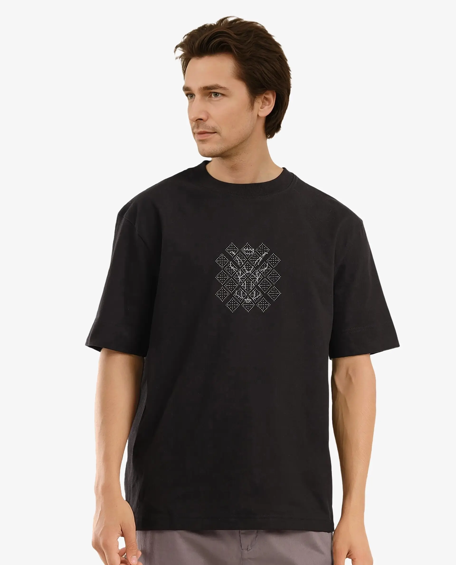 Rare Rabbit Men's Lexel Black Cotton Graphic Print Oversized Fit Half Sleeve Crew Neck T-Shirt