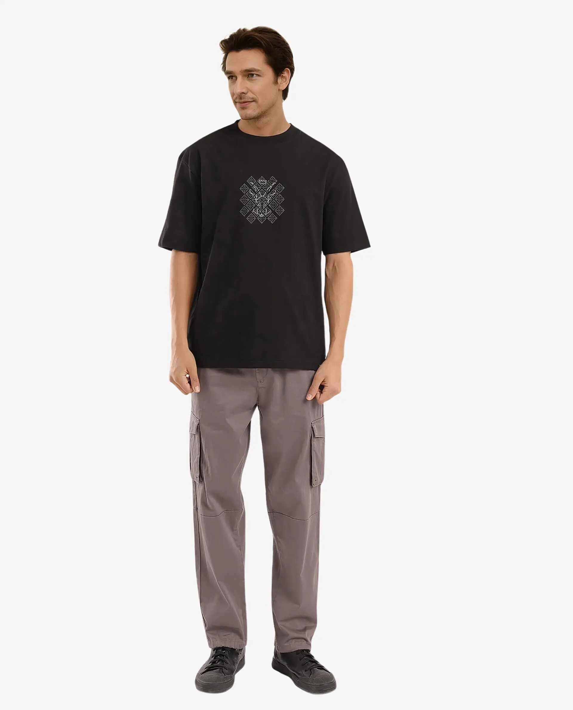 Rare Rabbit Men's Lexel Black Cotton Graphic Print Oversized Fit Half Sleeve Crew Neck T-Shirt - Image 2