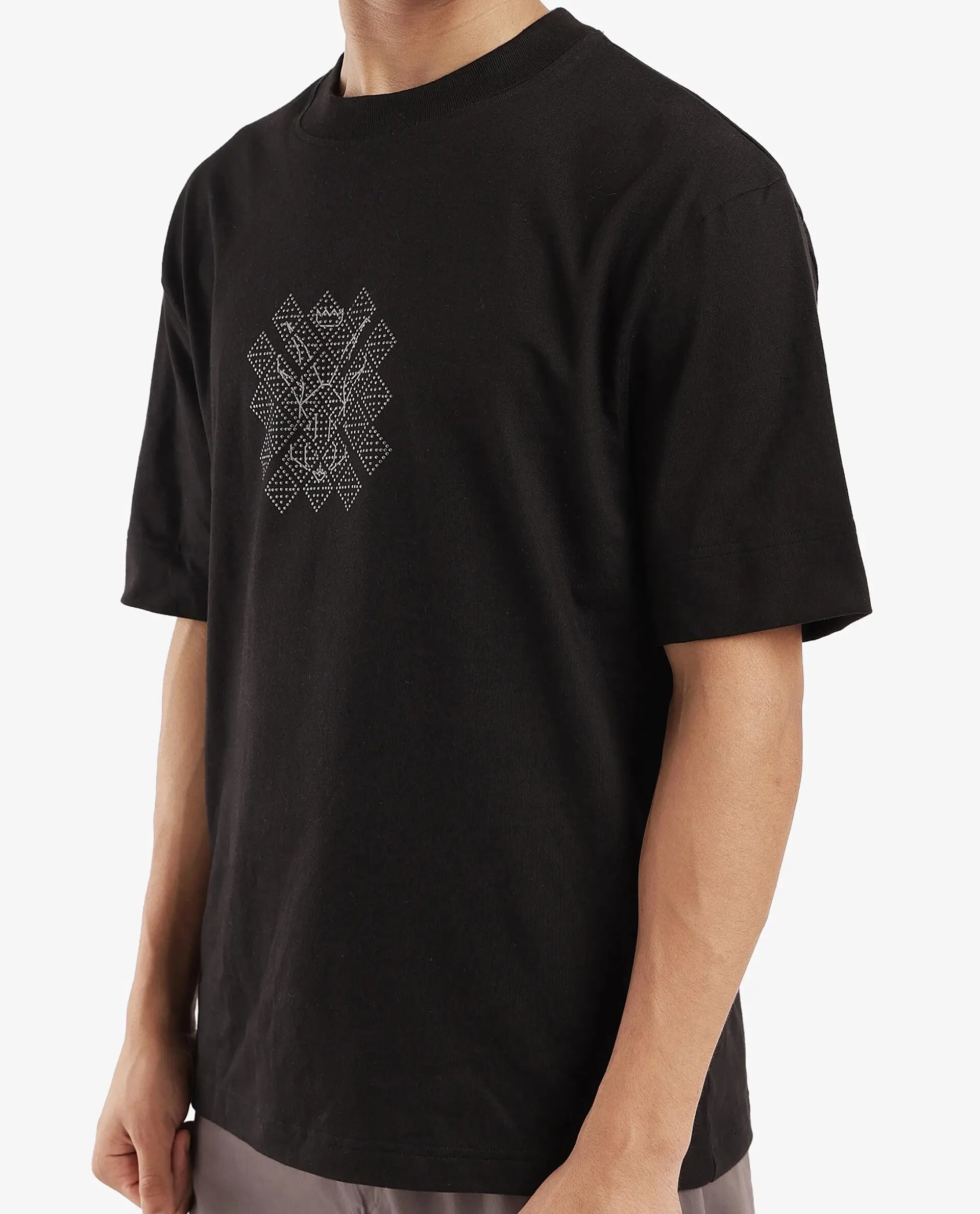 Rare Rabbit Men's Lexel Black Cotton Graphic Print Oversized Fit Half Sleeve Crew Neck T-Shirt - Image 3