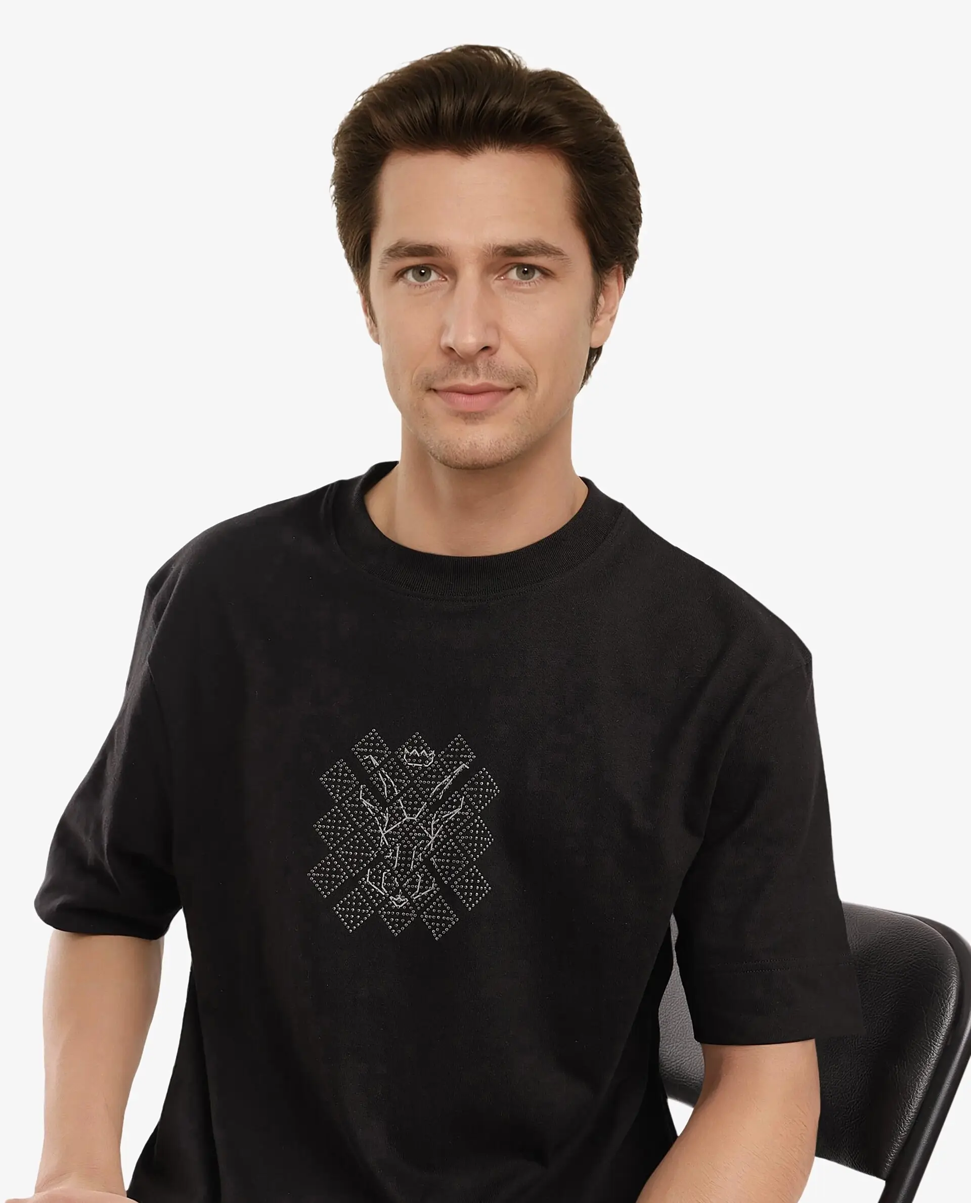 Rare Rabbit Men's Lexel Black Cotton Graphic Print Oversized Fit Half Sleeve Crew Neck T-Shirt - Image 5
