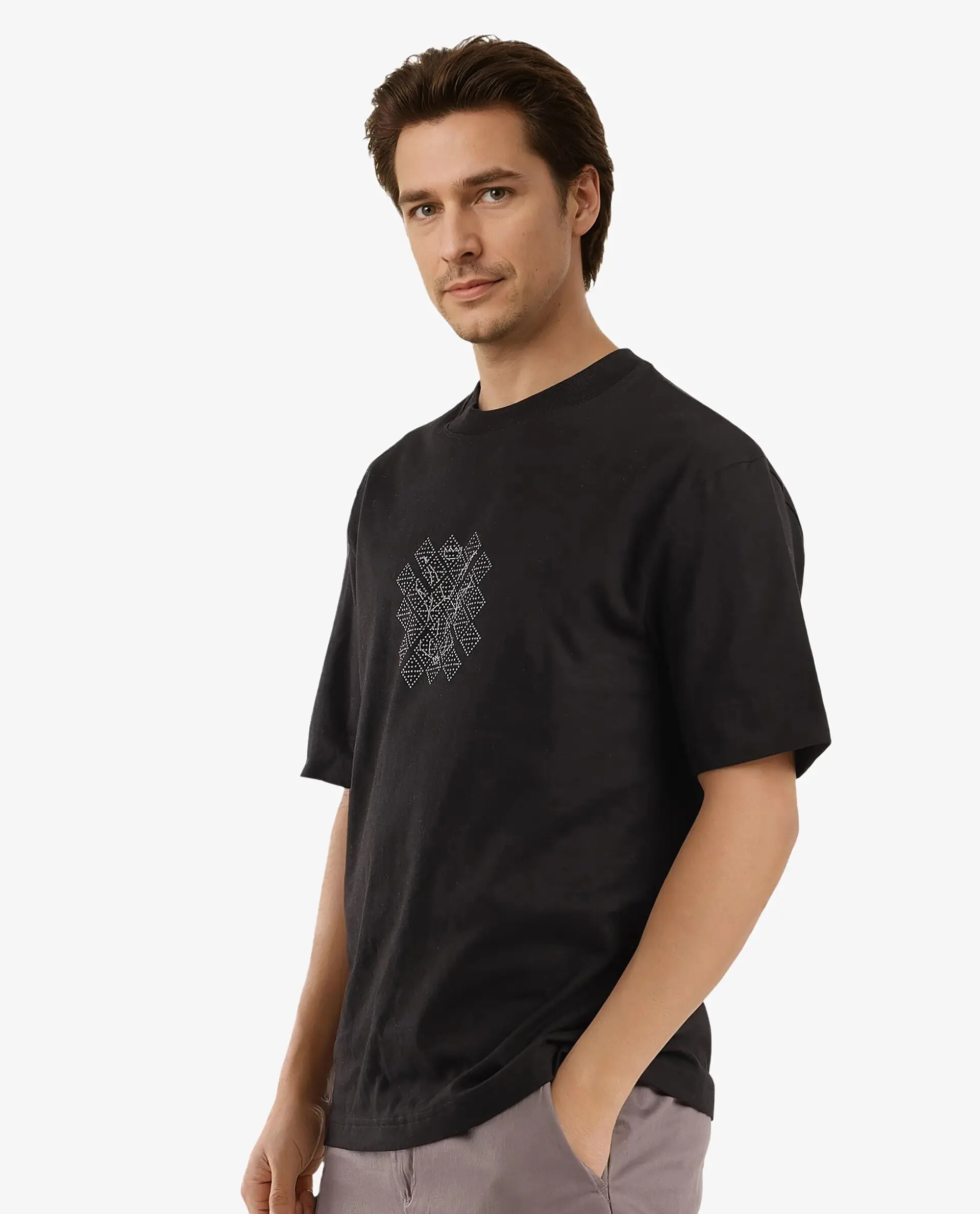 Rare Rabbit Men's Lexel Black Cotton Graphic Print Oversized Fit Half Sleeve Crew Neck T-Shirt - Image 6