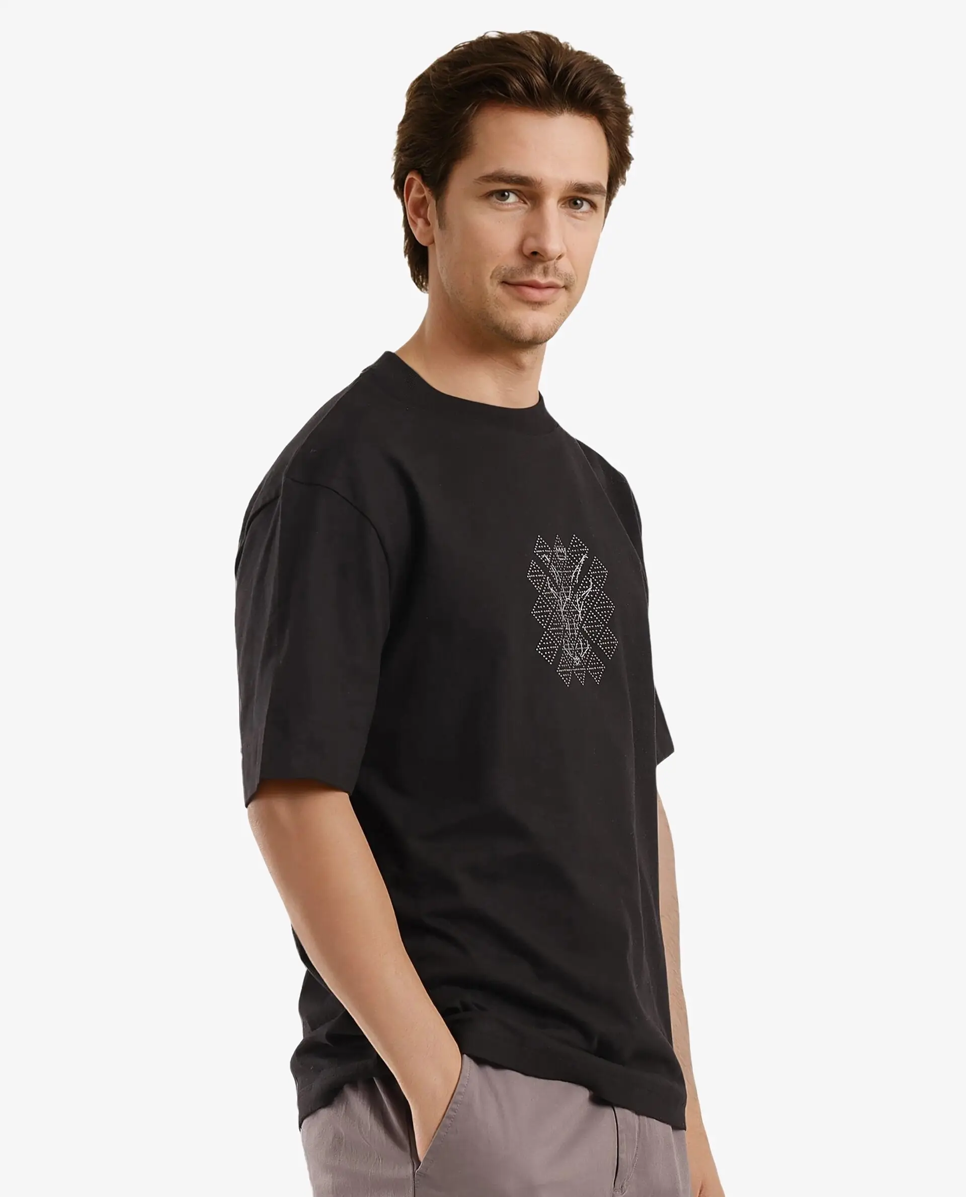 Rare Rabbit Men's Lexel Black Cotton Graphic Print Oversized Fit Half Sleeve Crew Neck T-Shirt - Image 7