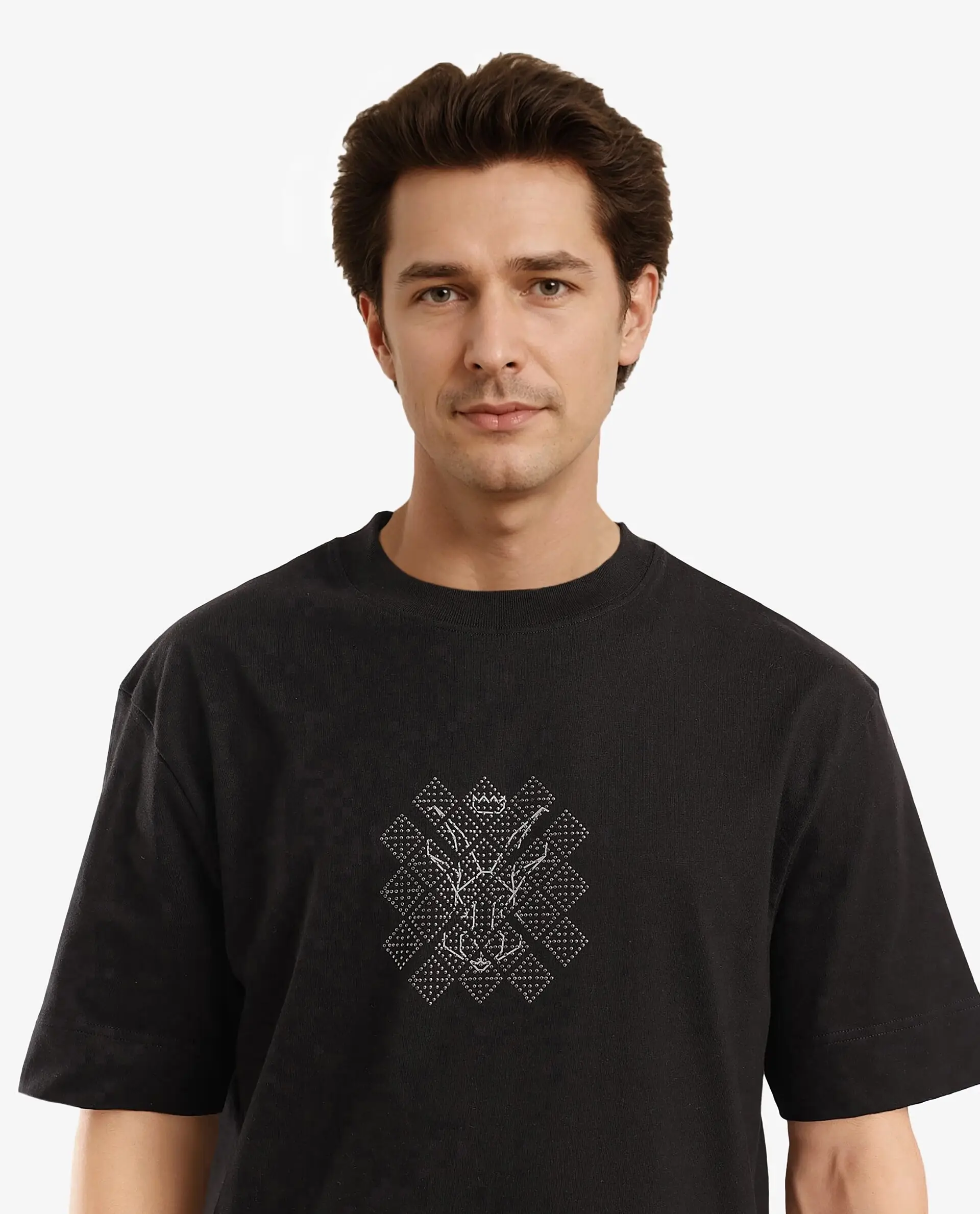 Rare Rabbit Men's Lexel Black Cotton Graphic Print Oversized Fit Half Sleeve Crew Neck T-Shirt - Image 8