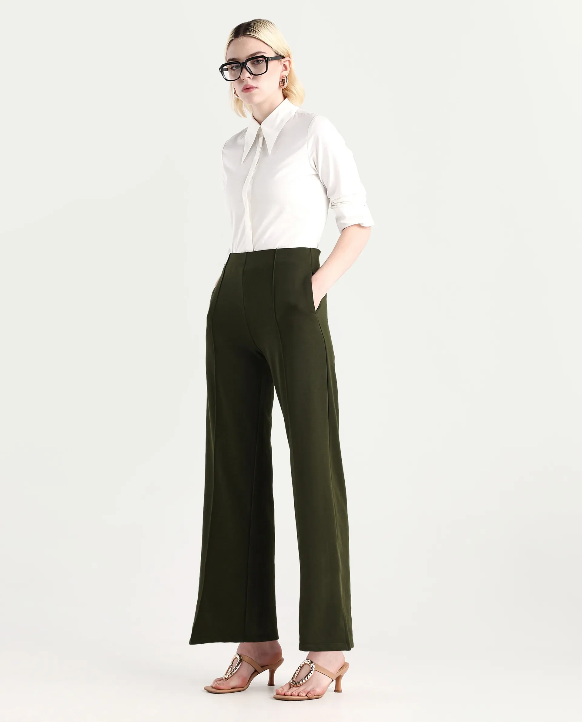 Rareism Women's Lexi Dark Olive Cotton Blend Straight Fit Track Pant