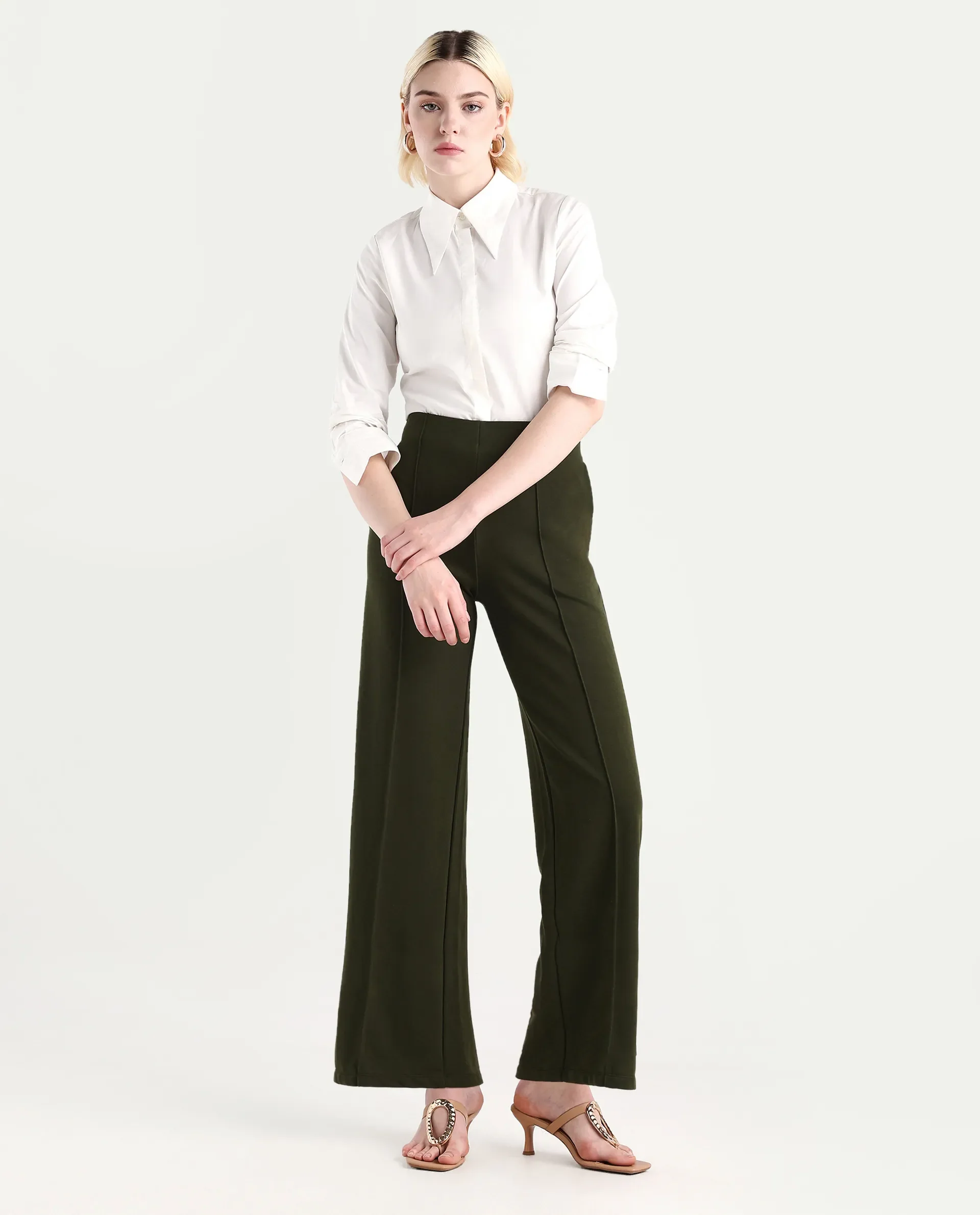 Rareism Women's Lexi Dark Olive Cotton Blend Straight Fit Track Pant - Image 2
