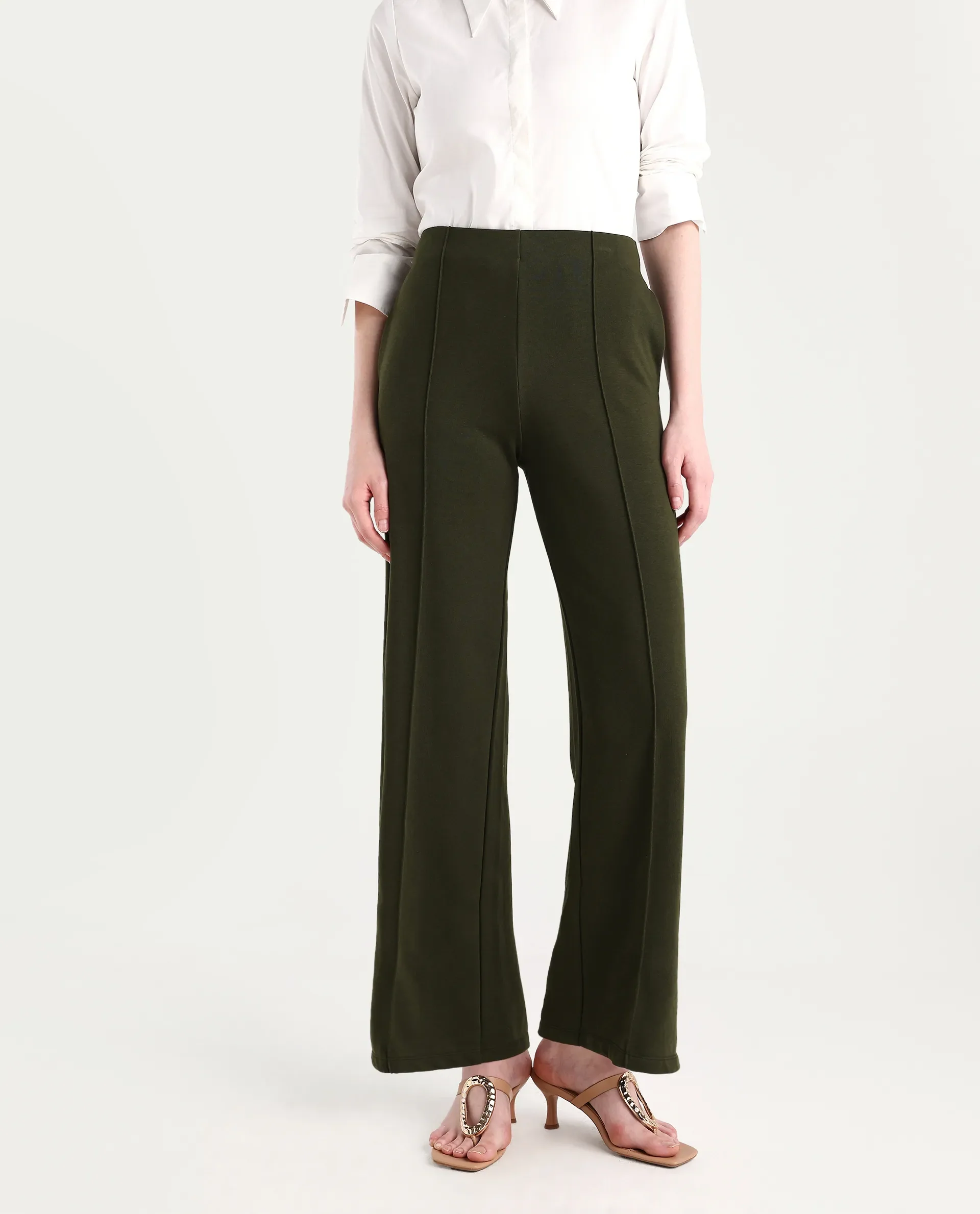 Rareism Women's Lexi Dark Olive Cotton Blend Straight Fit Track Pant - Image 3