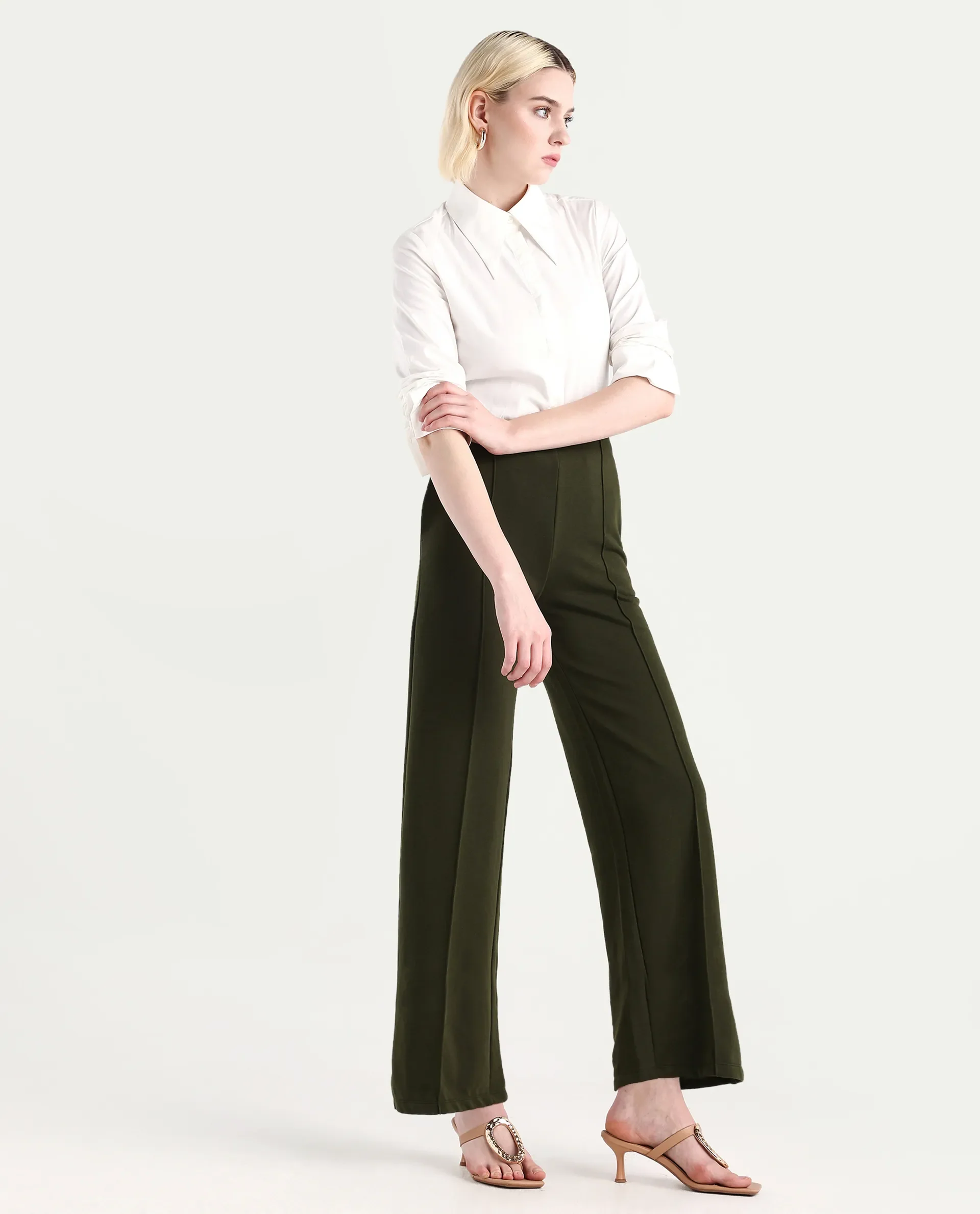 Rareism Women's Lexi Dark Olive Cotton Blend Straight Fit Track Pant - Image 5