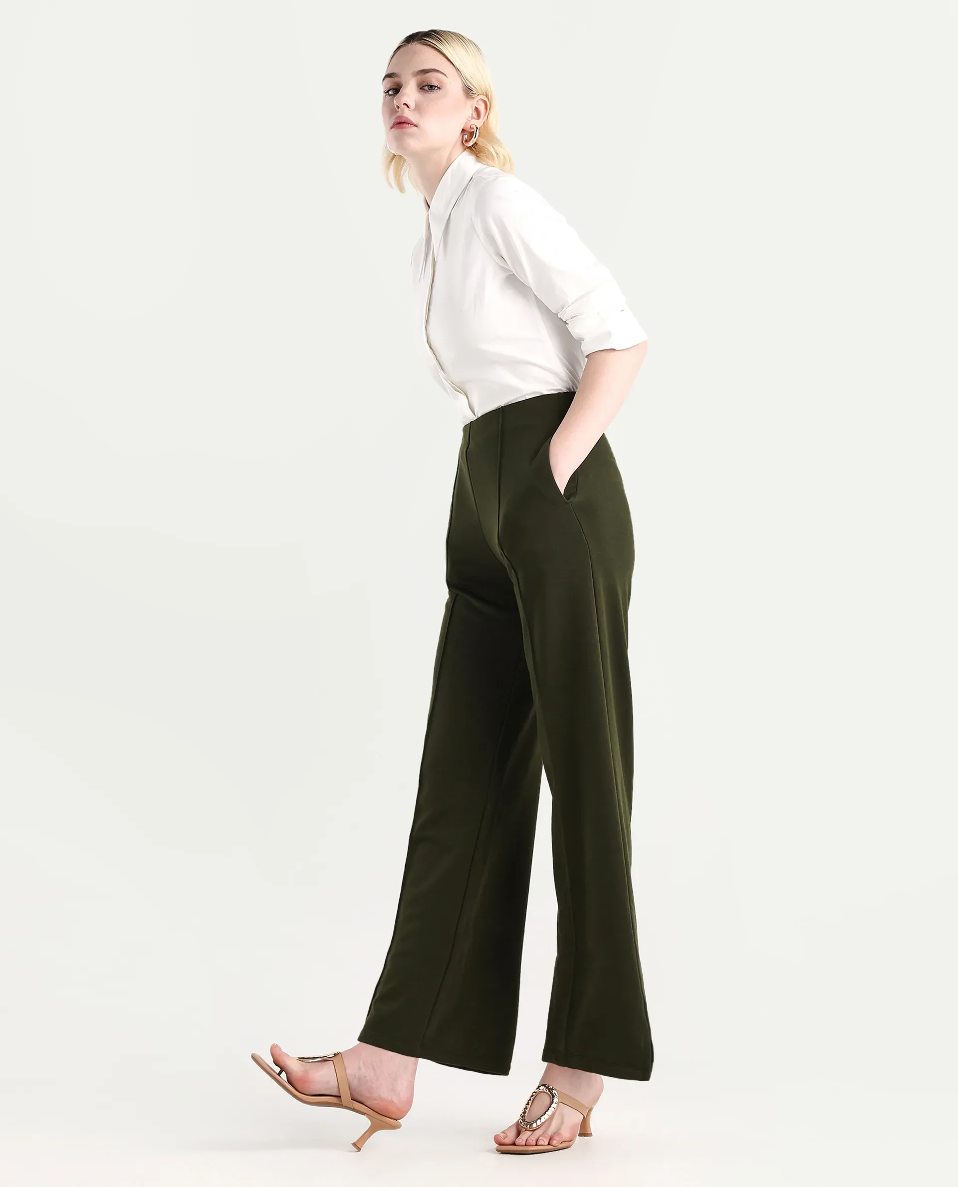 Rareism Women's Lexi Dark Olive Cotton Blend Straight Fit Track Pant - Image 6