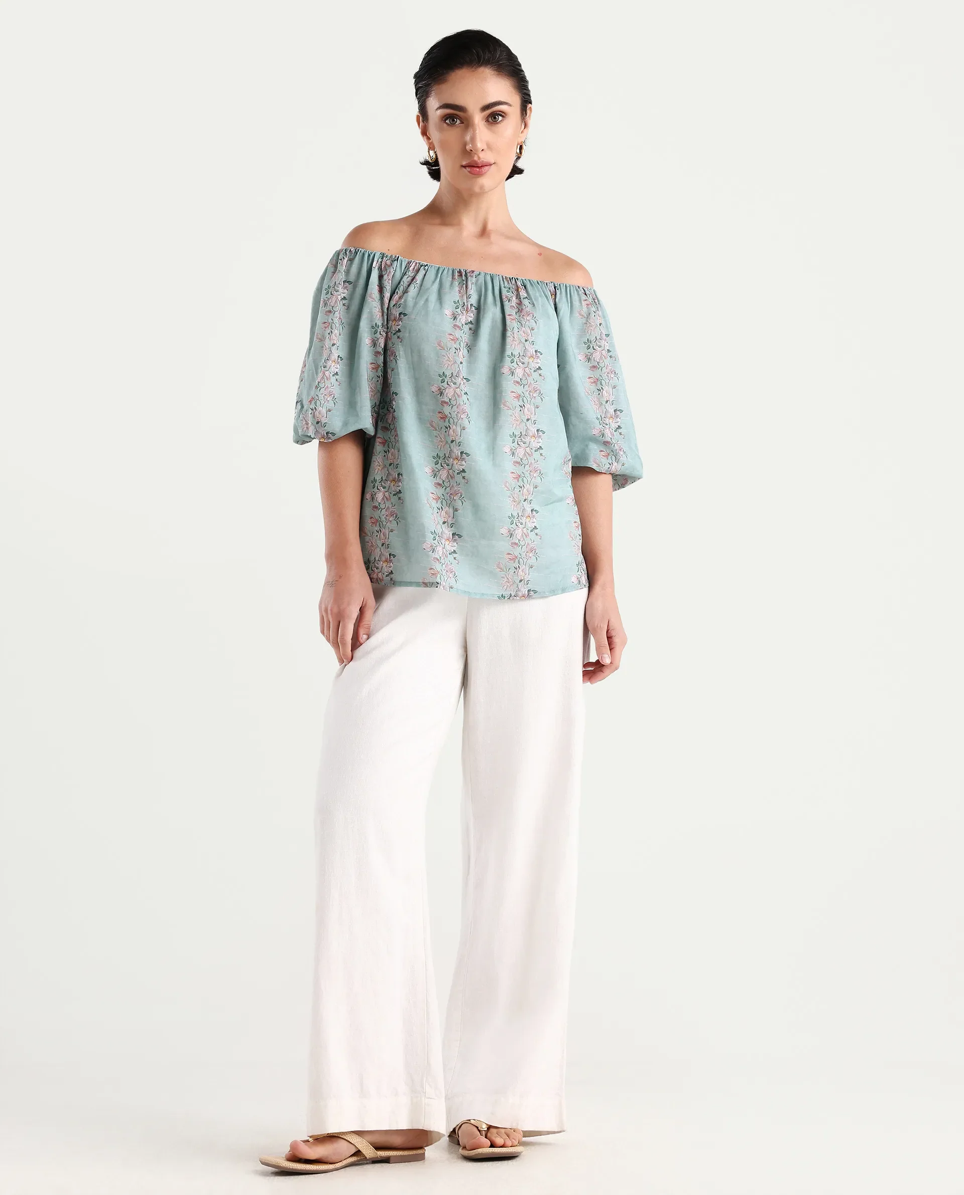 Rareism Women's Leyan Dusky Blue Viscose Blend Square Neck Floral Print Balloon Sleeve Relaxed Fit Top - Image 2