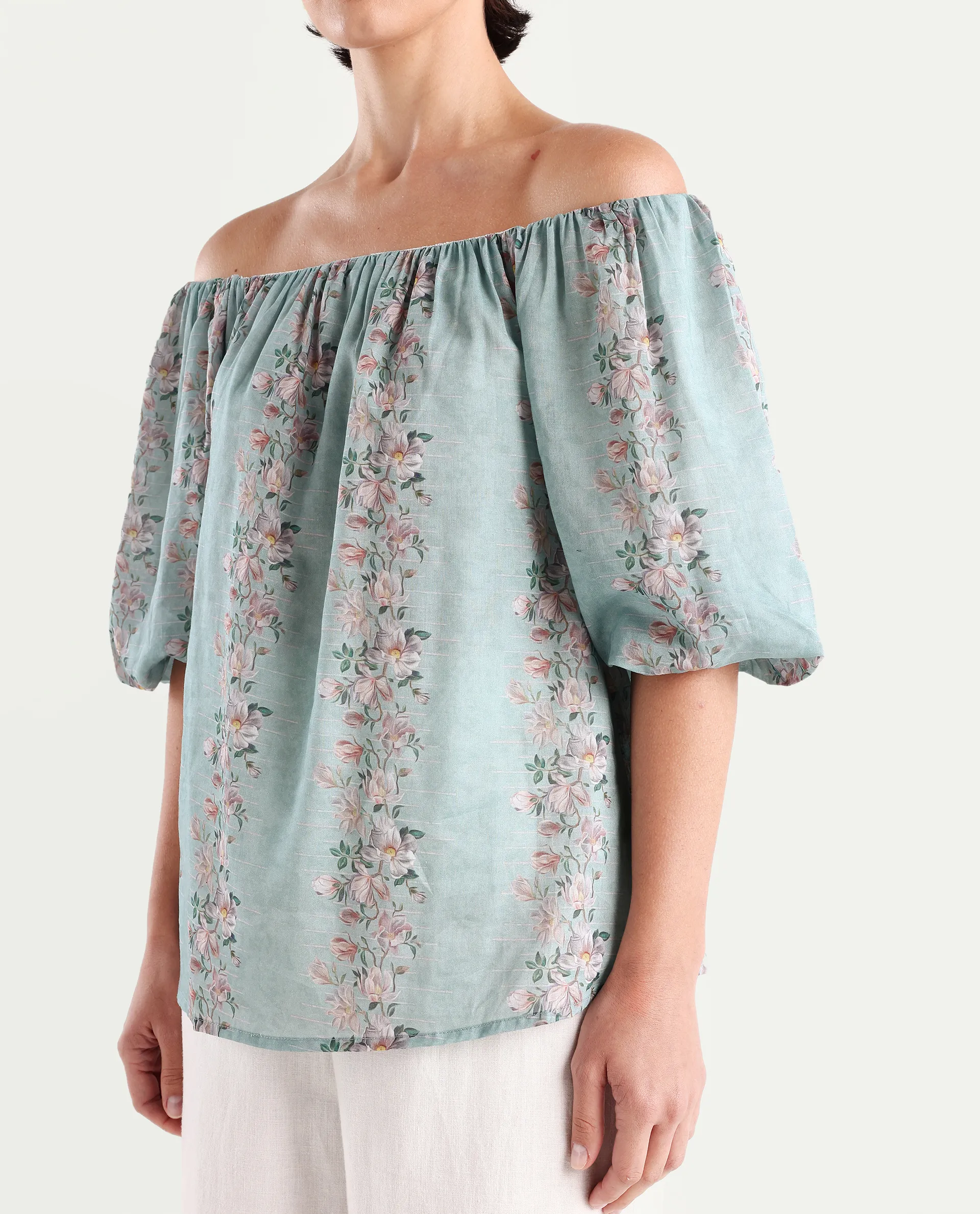 Rareism Women's Leyan Dusky Blue Viscose Blend Square Neck Floral Print Balloon Sleeve Relaxed Fit Top - Image 3