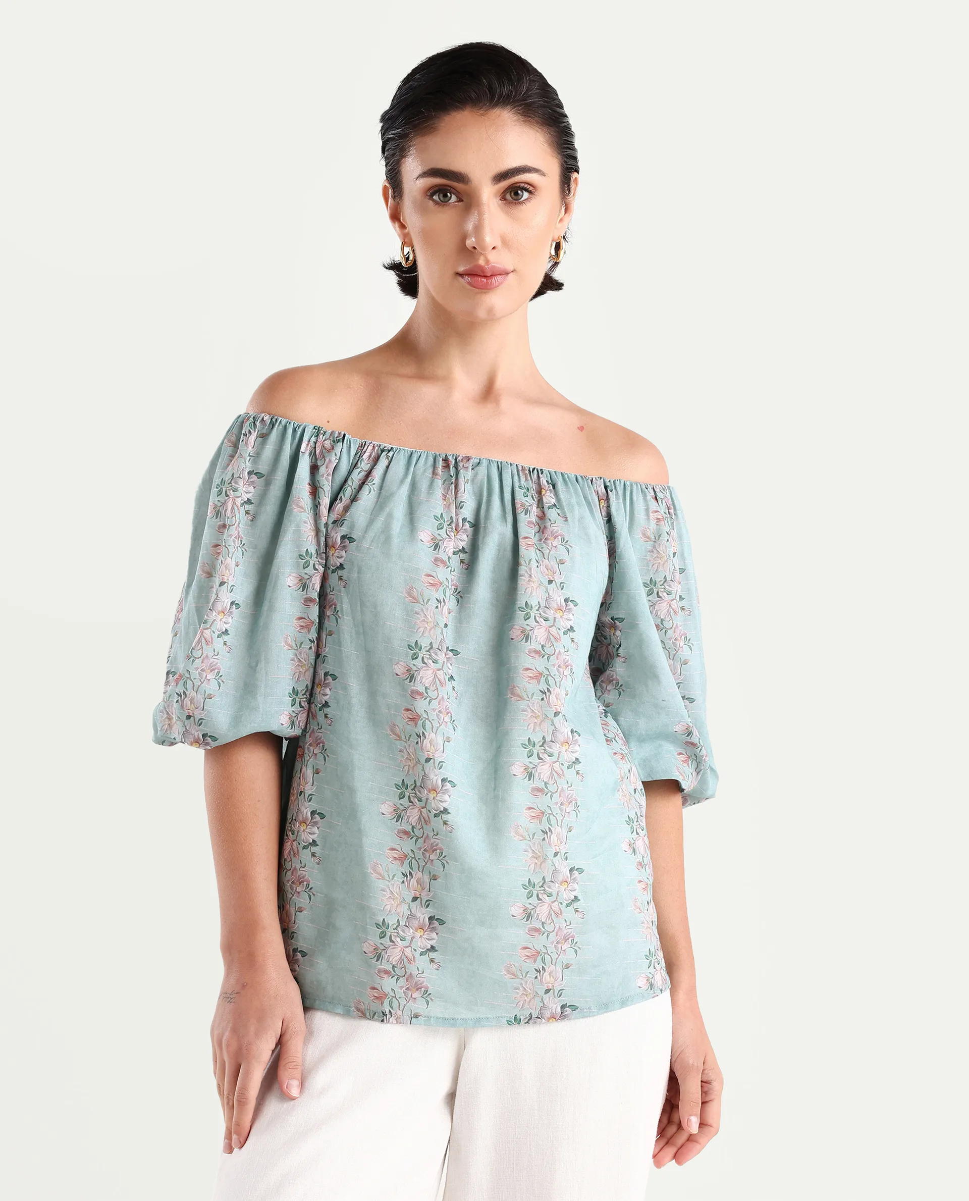 Rareism Women's Leyan Dusky Blue Viscose Blend Square Neck Floral Print Balloon Sleeve Relaxed Fit Top - Image 4