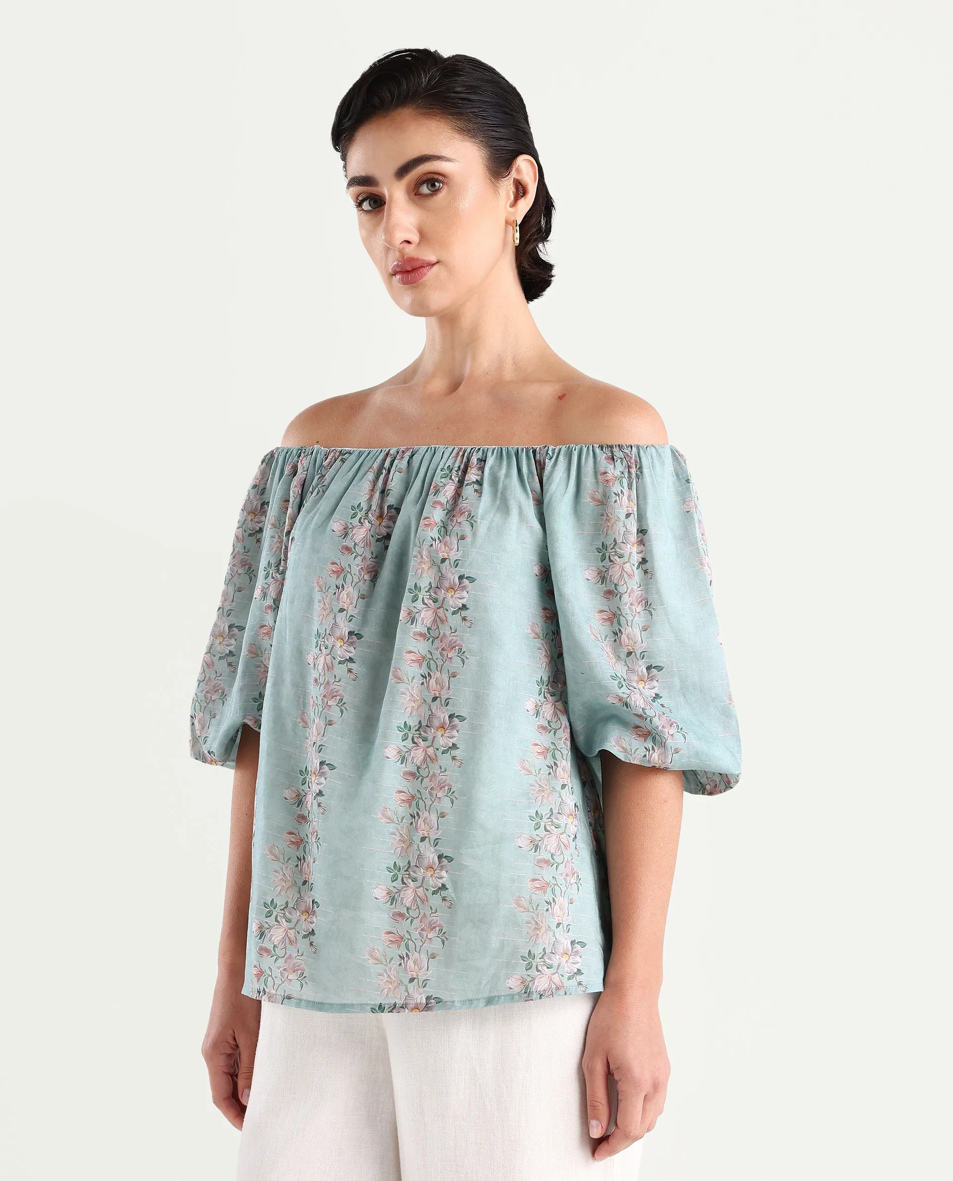 Rareism Women's Leyan Dusky Blue Viscose Blend Square Neck Floral Print Balloon Sleeve Relaxed Fit Top - Image 5