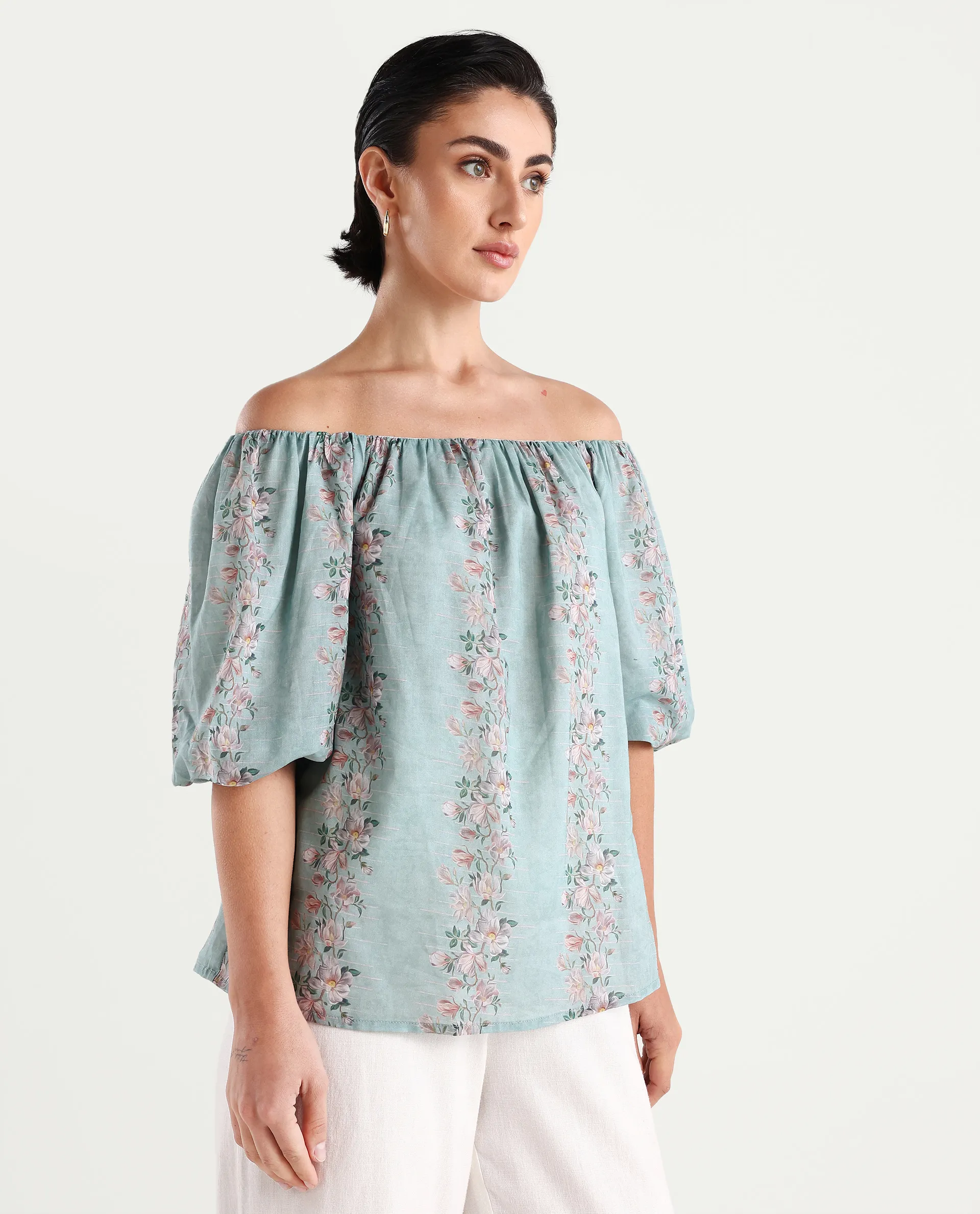 Rareism Women's Leyan Dusky Blue Viscose Blend Square Neck Floral Print Balloon Sleeve Relaxed Fit Top - Image 6
