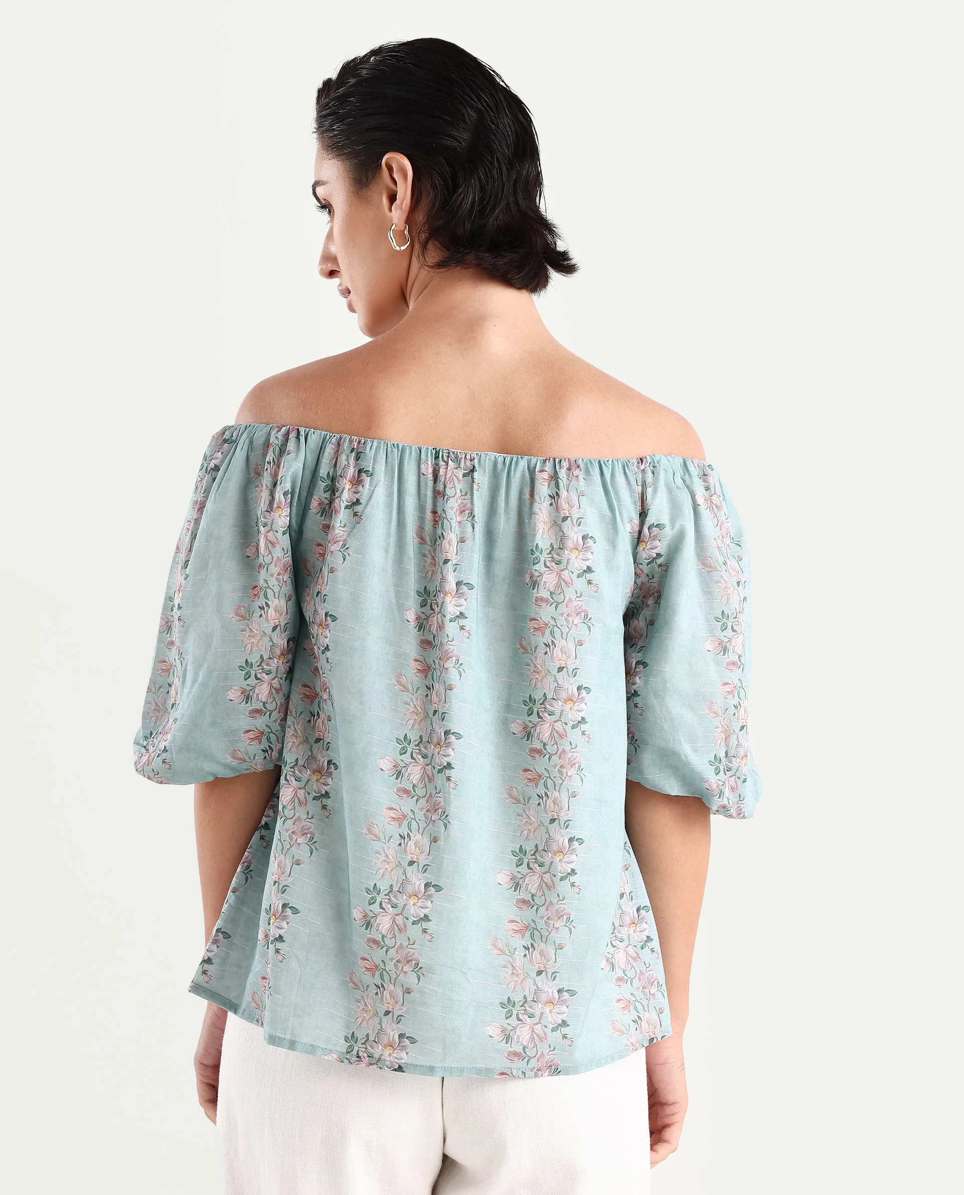 Rareism Women's Leyan Dusky Blue Viscose Blend Square Neck Floral Print Balloon Sleeve Relaxed Fit Top - Image 7