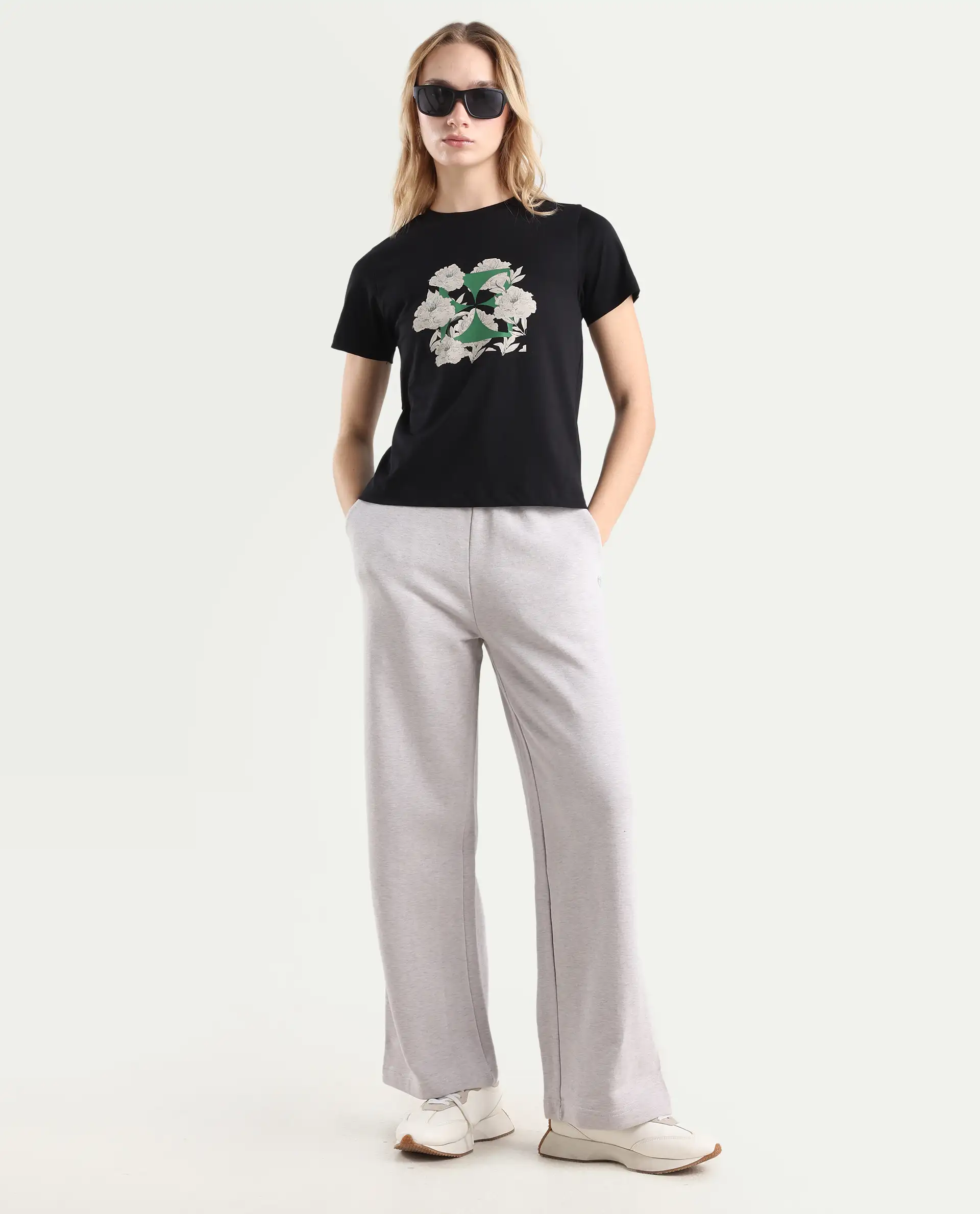 Rareism Women's Leyk Black Cotton Fabric Crew Neck Relaxed Fit Graphic Print T-Shirt - Image 2