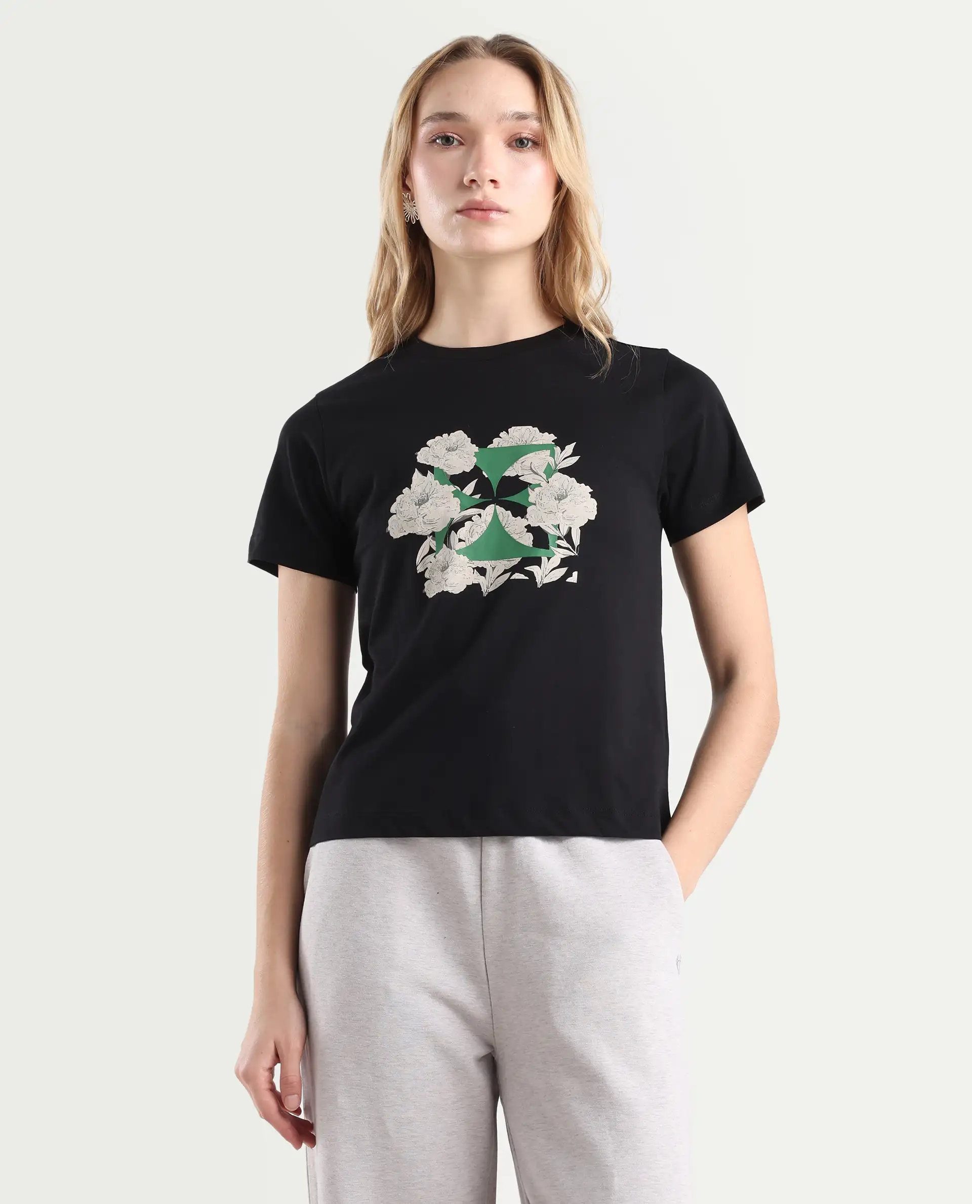 Rareism Women's Leyk Black Cotton Fabric Crew Neck Relaxed Fit Graphic Print T-Shirt - Image 3