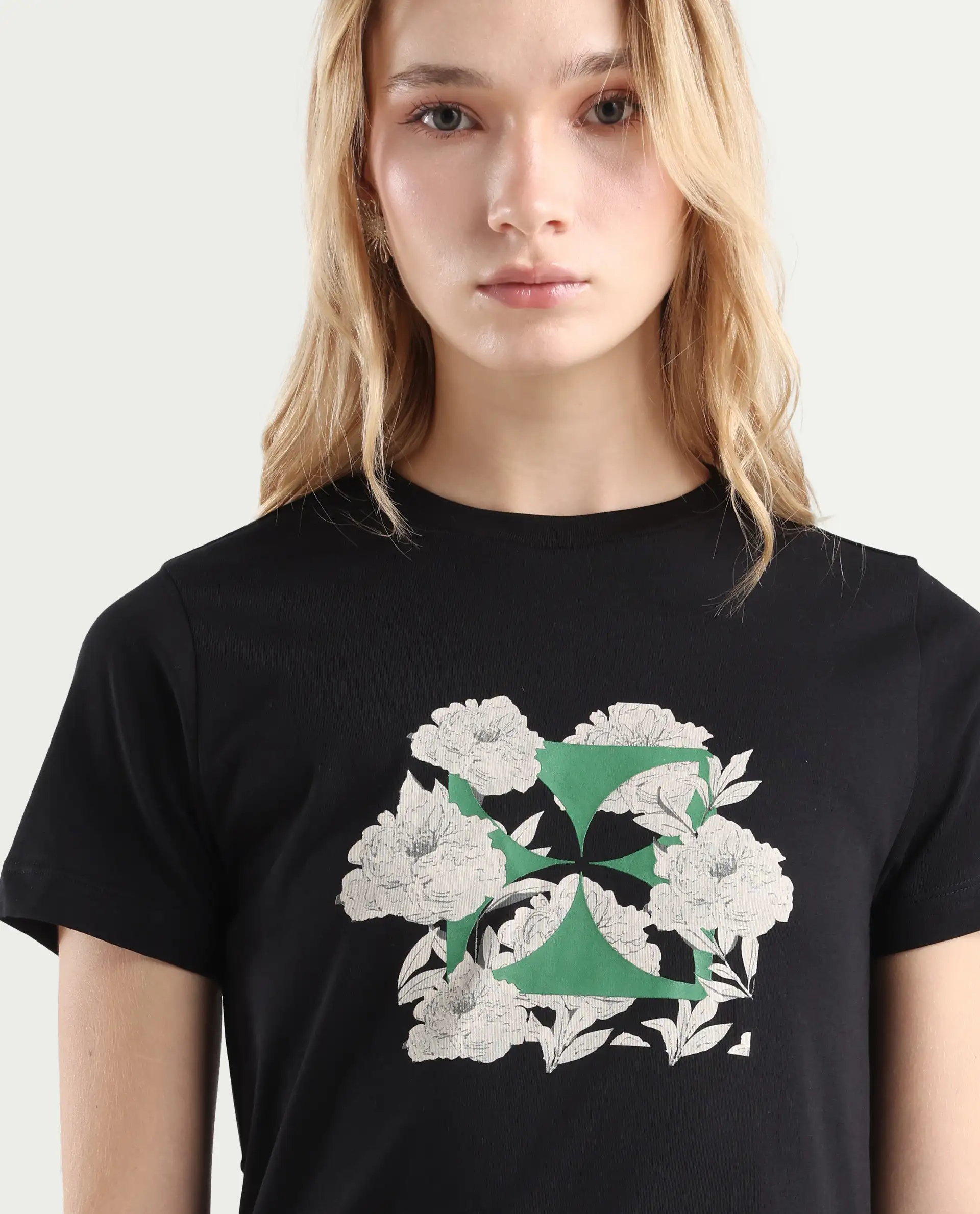 Rareism Women's Leyk Black Cotton Fabric Crew Neck Relaxed Fit Graphic Print T-Shirt - Image 4