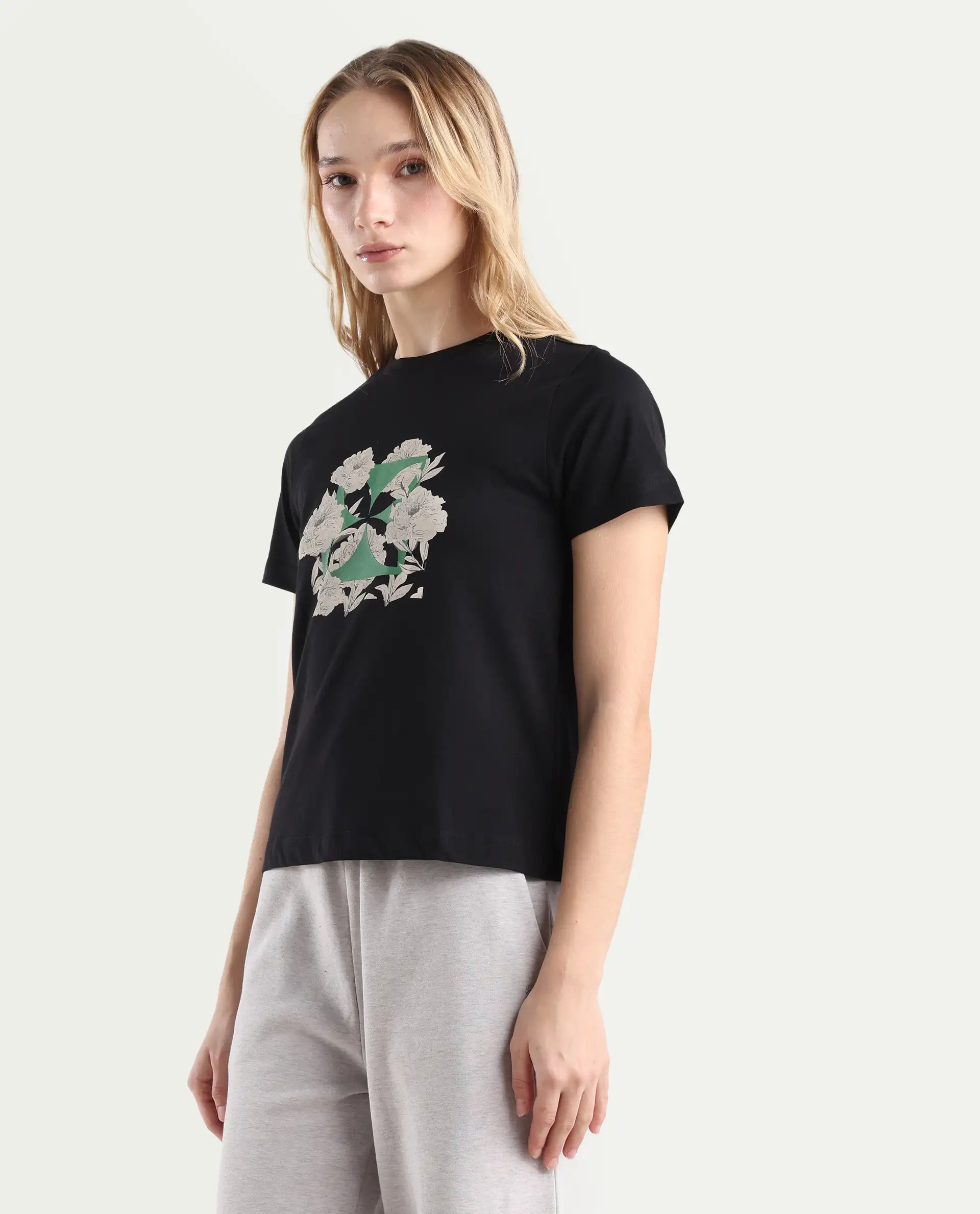 Rareism Women's Leyk Black Cotton Fabric Crew Neck Relaxed Fit Graphic Print T-Shirt - Image 5