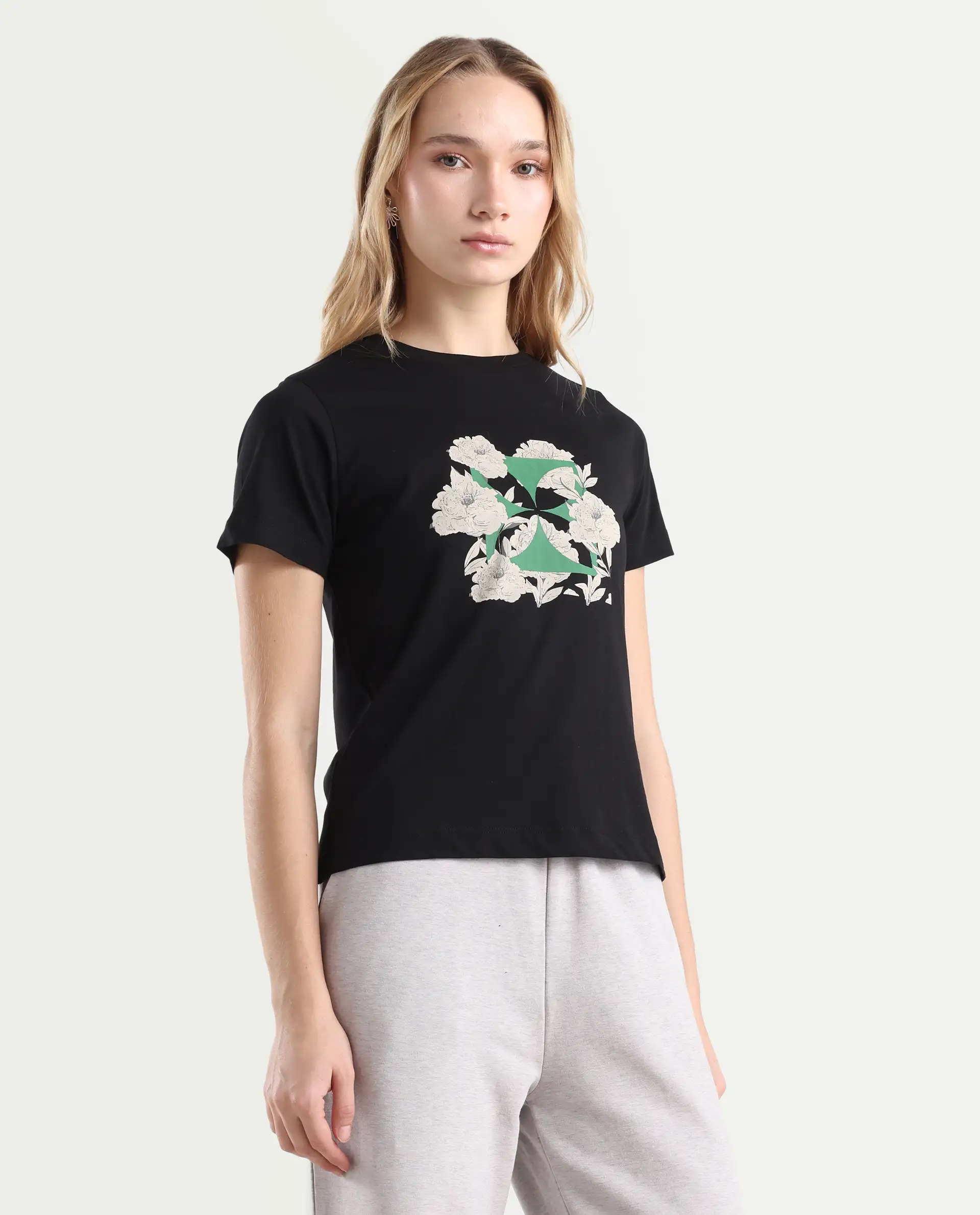 Rareism Women's Leyk Black Cotton Fabric Crew Neck Relaxed Fit Graphic Print T-Shirt - Image 6