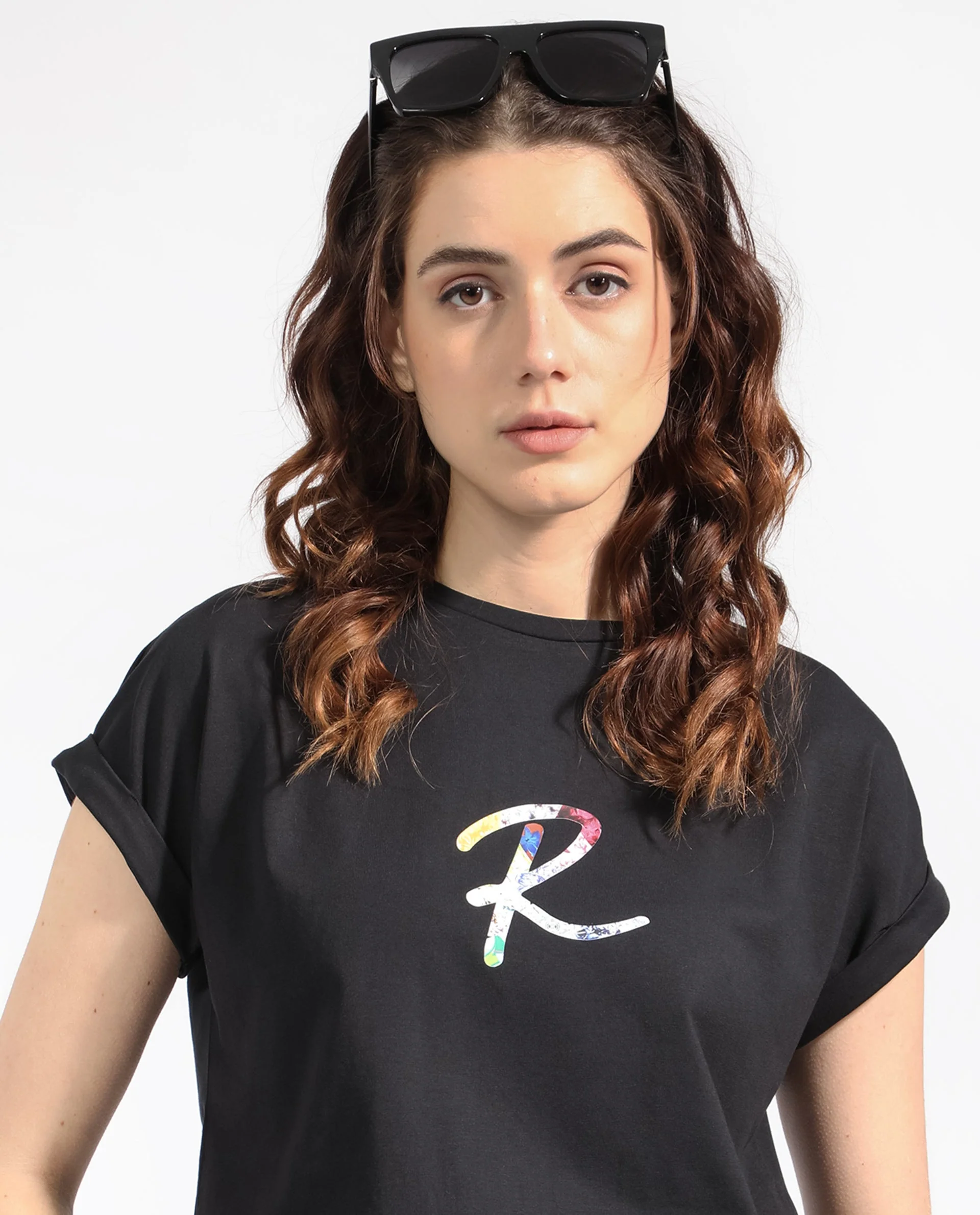 Rareism Women's Lia Black Cotton Crew Neck Graphic Print Extended Sleeves Regular Fit T-Shirt - Image 2