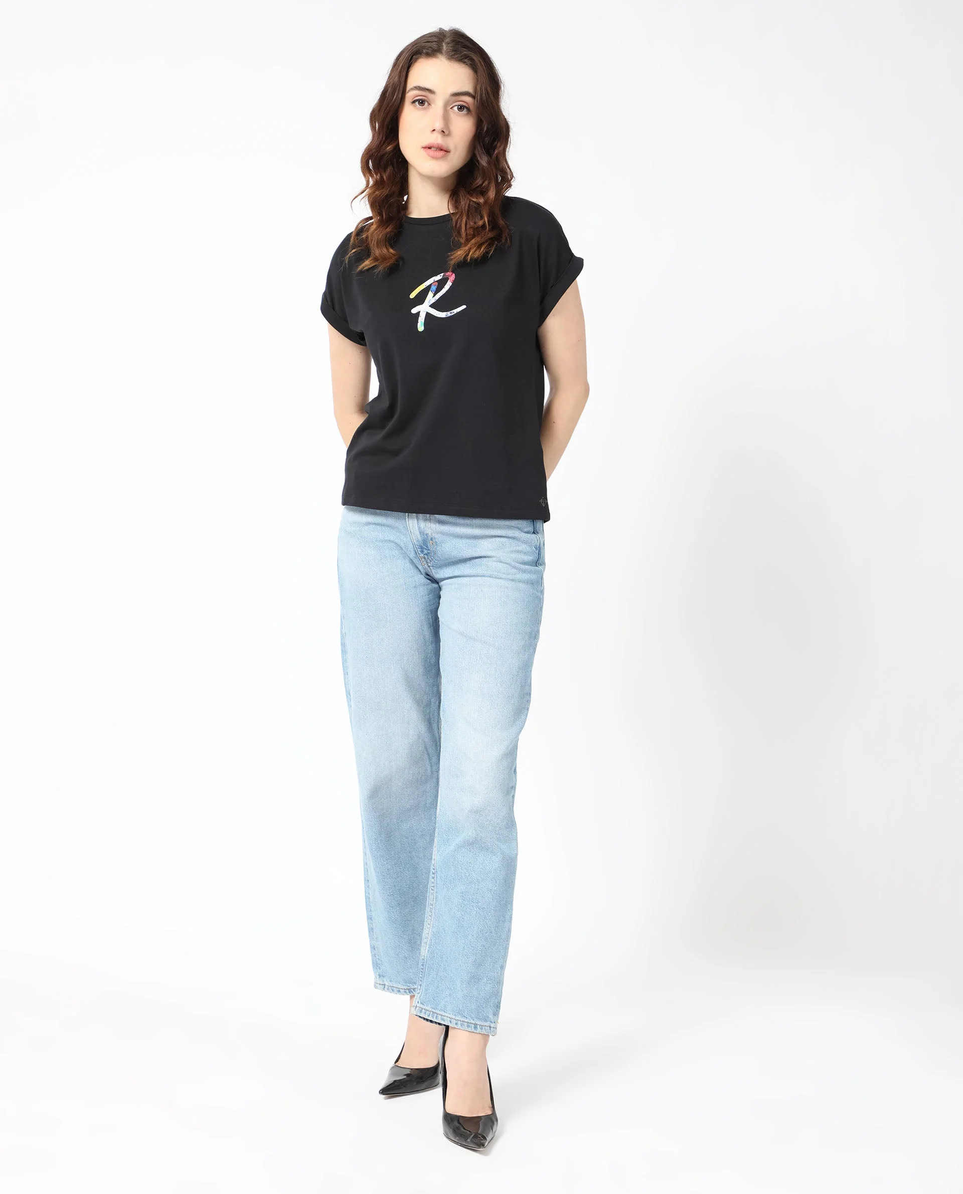 Rareism Women's Lia Black Cotton Crew Neck Graphic Print Extended Sleeves Regular Fit T-Shirt - Image 3