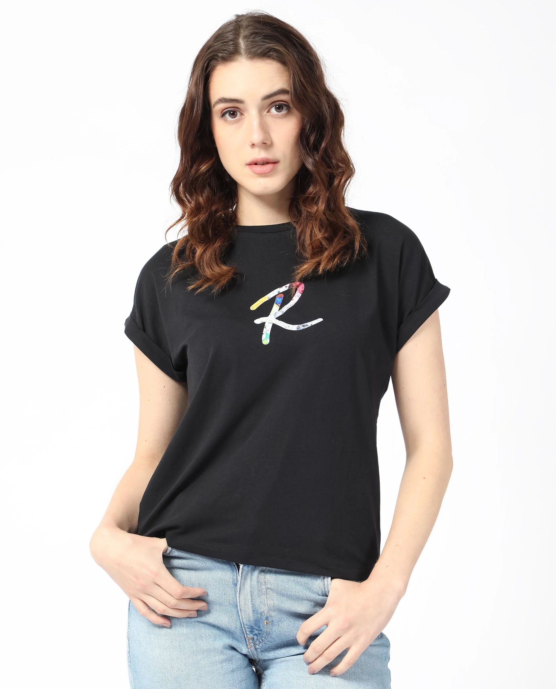 Rareism Women's Lia Black Cotton Crew Neck Graphic Print Extended Sleeves Regular Fit T-Shirt - Image 4