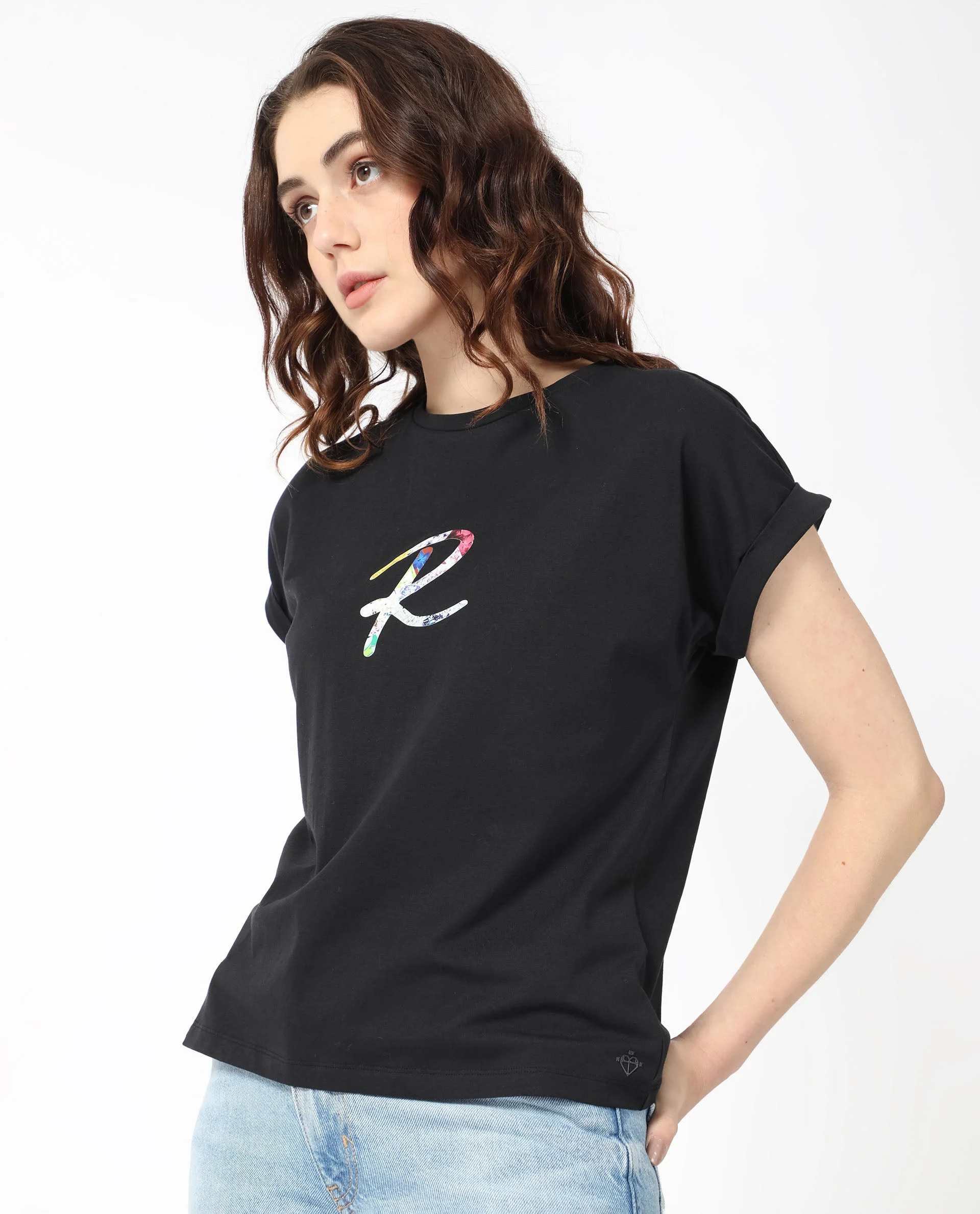 Rareism Women's Lia Black Cotton Crew Neck Graphic Print Extended Sleeves Regular Fit T-Shirt - Image 5