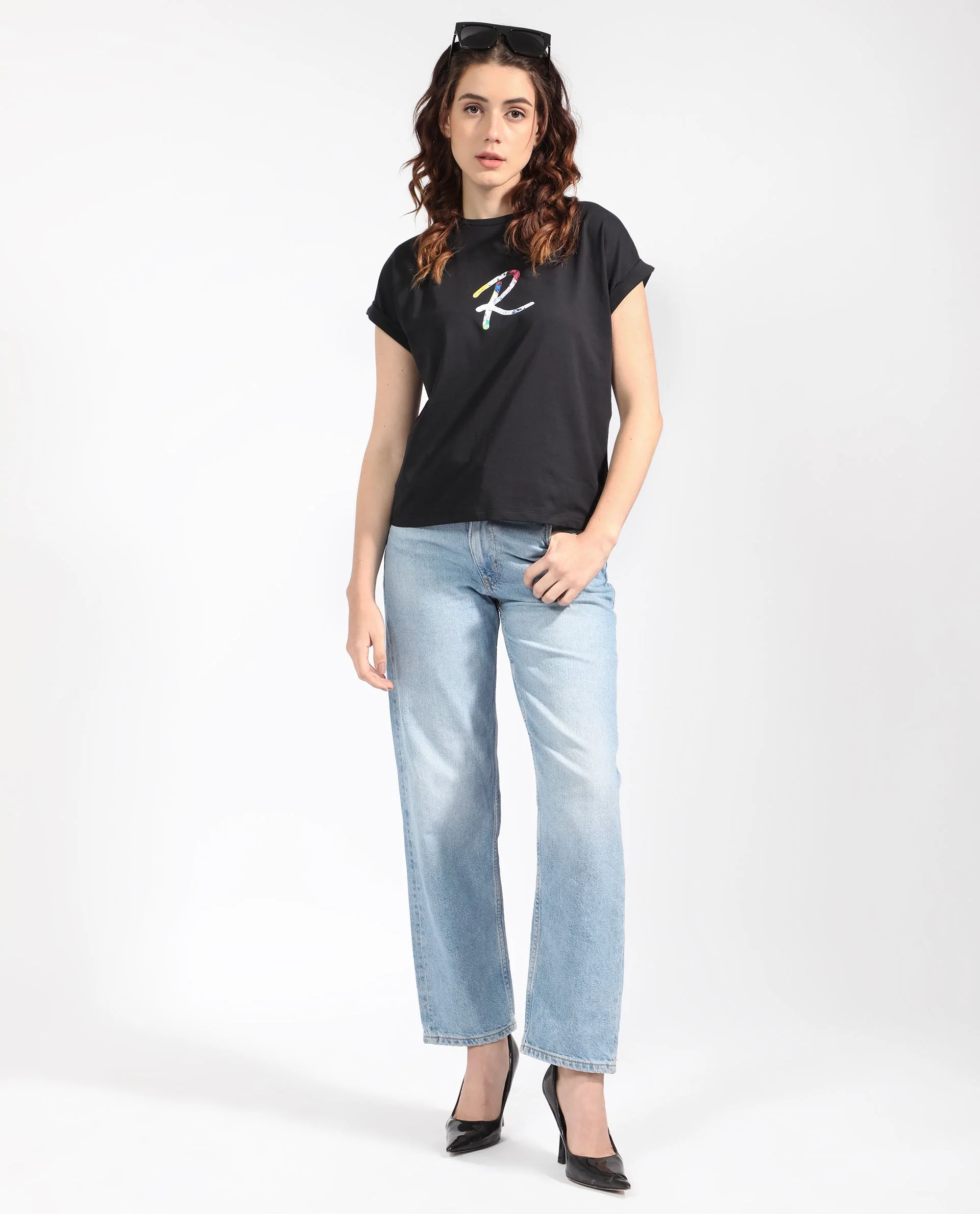 Rareism Women's Lia Black Cotton Crew Neck Graphic Print Extended Sleeves Regular Fit T-Shirt - Image 6