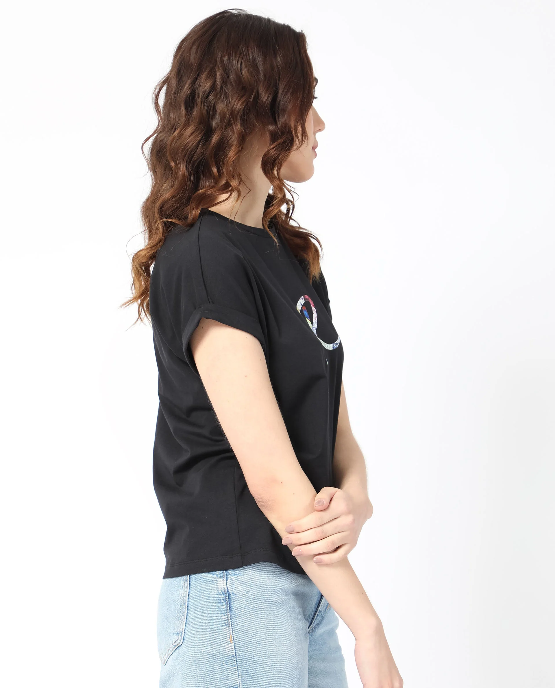 Rareism Women's Lia Black Cotton Crew Neck Graphic Print Extended Sleeves Regular Fit T-Shirt - Image 8