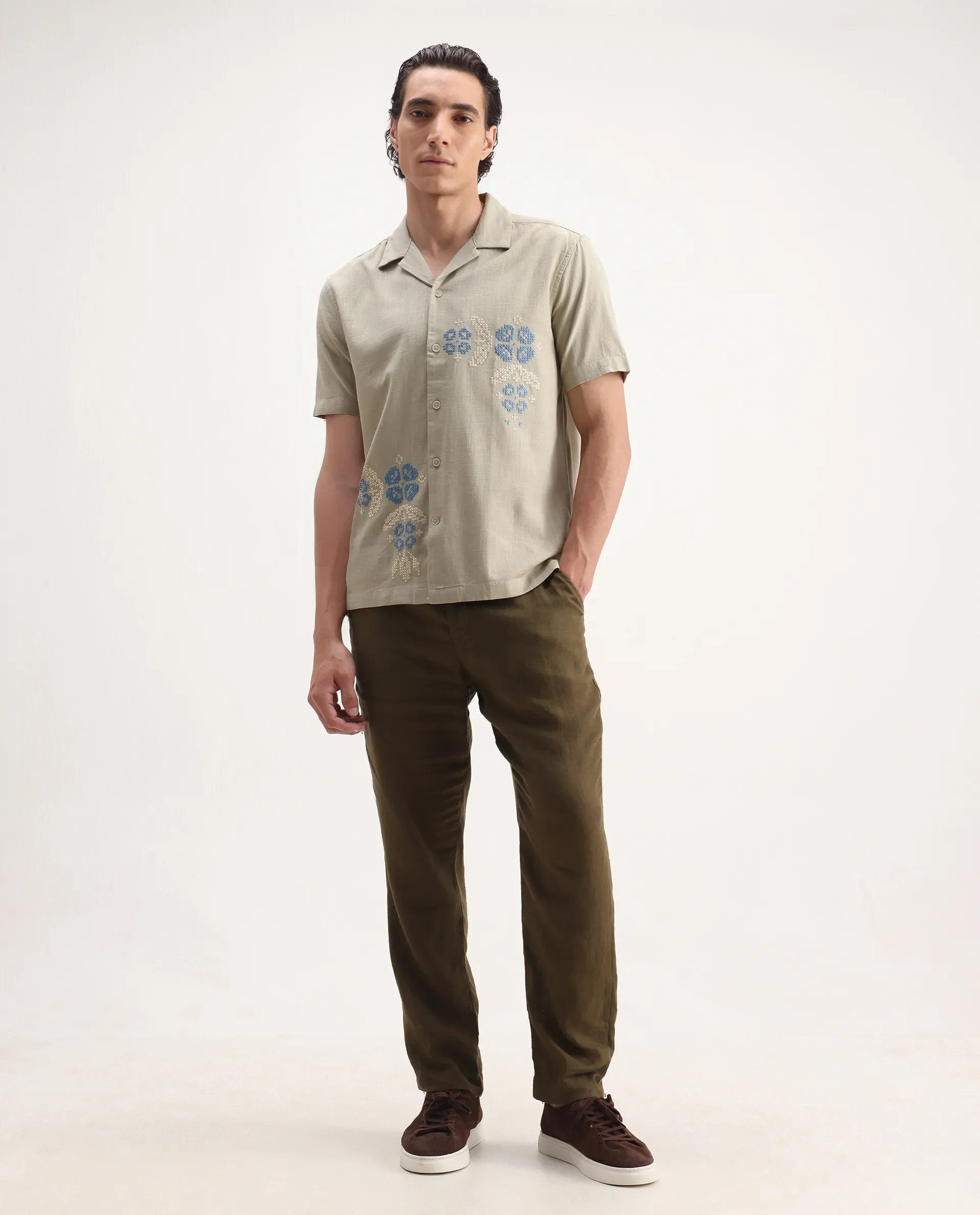Rare Rabbit Men's Liam Olive Cotton Blend Embroidered Boxy Fit Half Sleeve Cuban Collar Shirt - Image 2