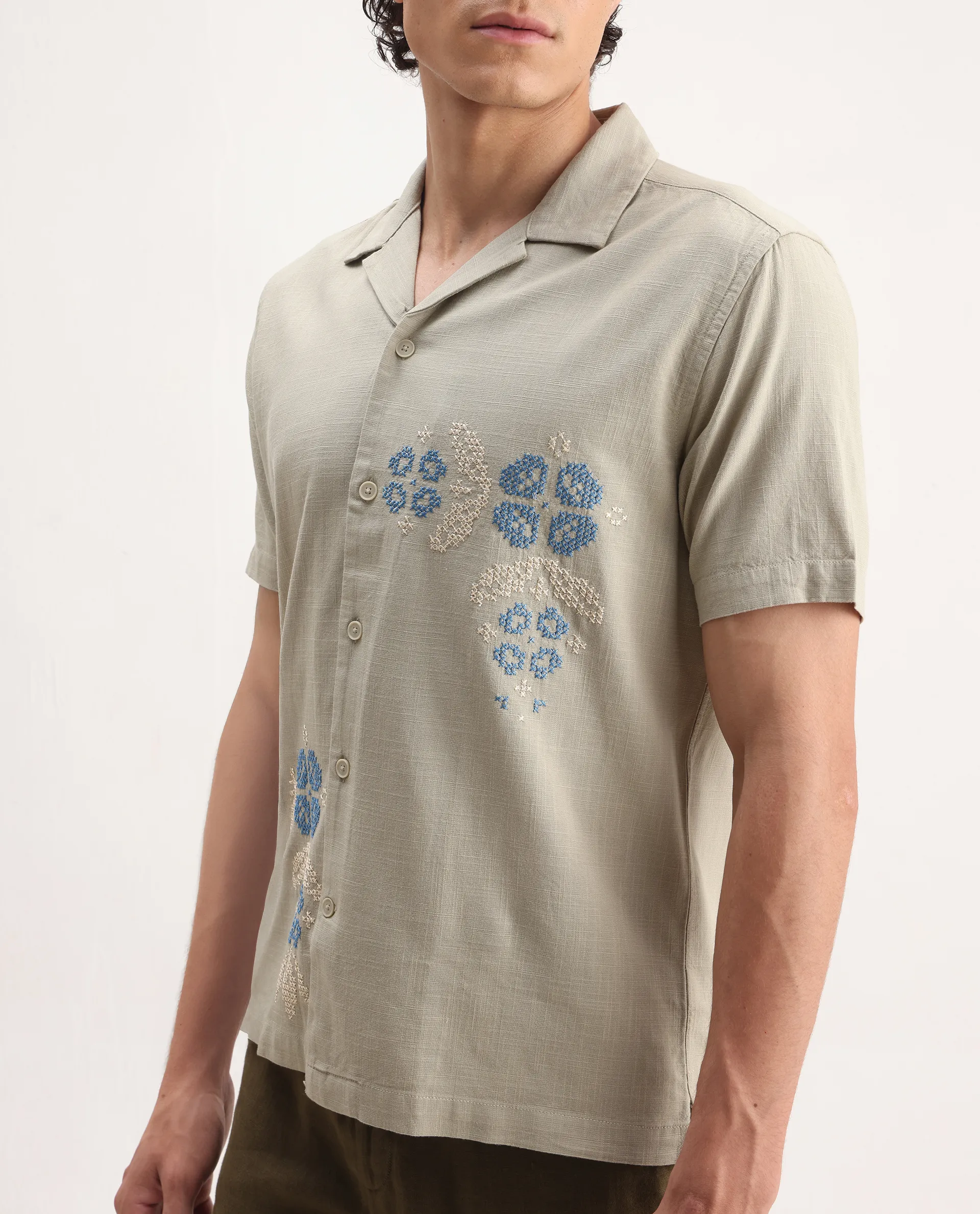 Rare Rabbit Men's Liam Olive Cotton Blend Embroidered Boxy Fit Half Sleeve Cuban Collar Shirt - Image 3