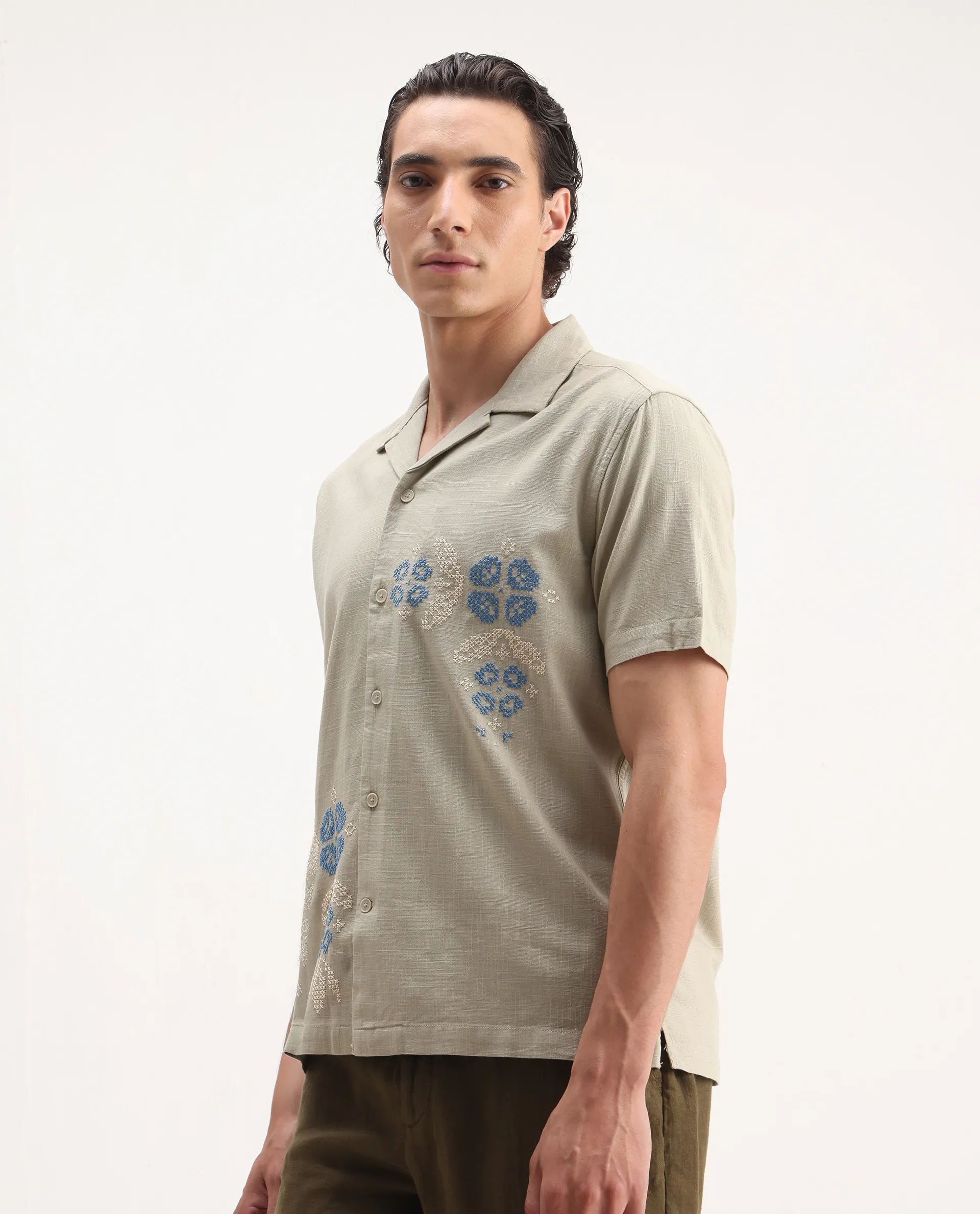 Rare Rabbit Men's Liam Olive Cotton Blend Embroidered Boxy Fit Half Sleeve Cuban Collar Shirt - Image 4