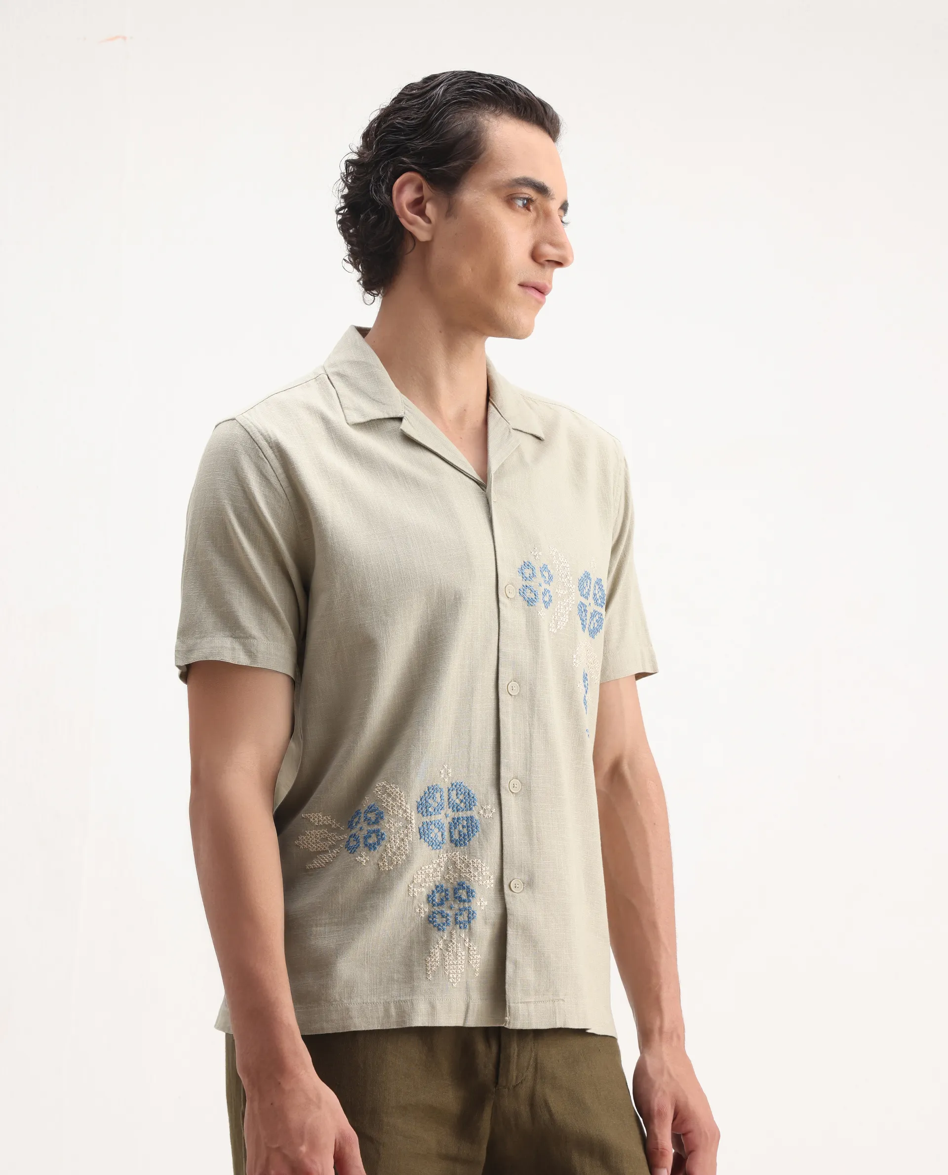 Rare Rabbit Men's Liam Olive Cotton Blend Embroidered Boxy Fit Half Sleeve Cuban Collar Shirt - Image 5
