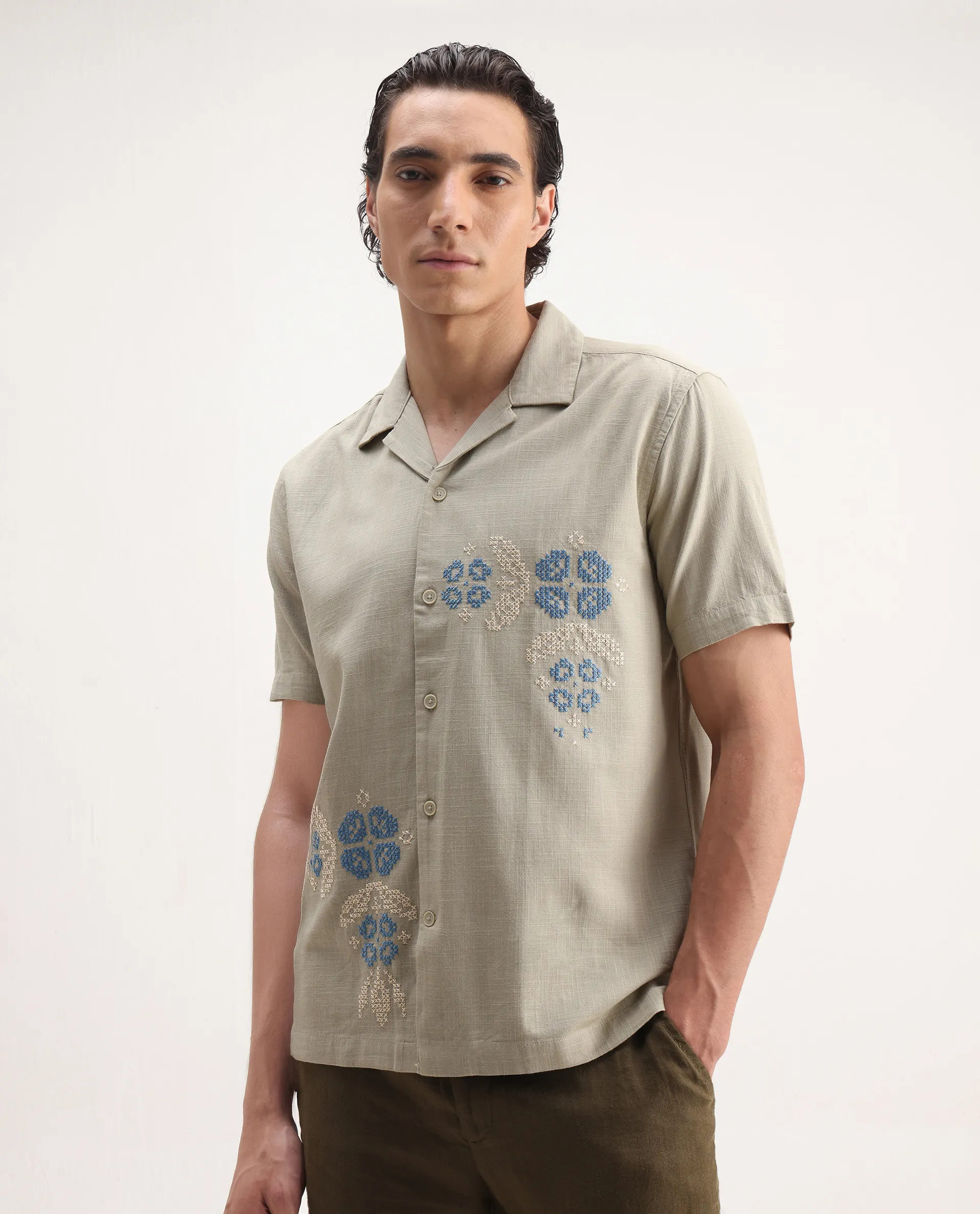 Rare Rabbit Men's Liam Olive Cotton Blend Embroidered Boxy Fit Half Sleeve Cuban Collar Shirt - Image 6
