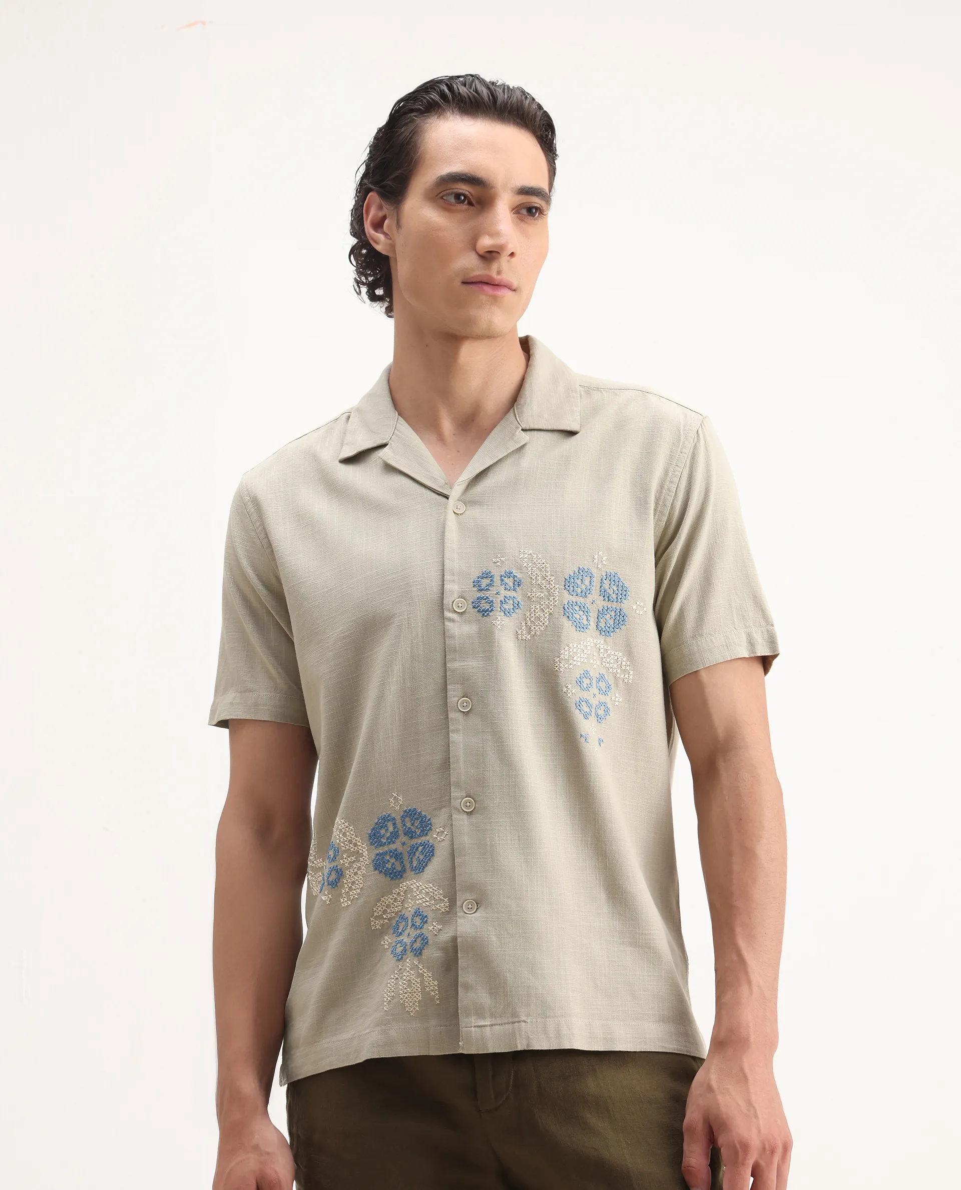 Rare Rabbit Men's Liam Olive Cotton Blend Embroidered Boxy Fit Half Sleeve Cuban Collar Shirt - Image 7