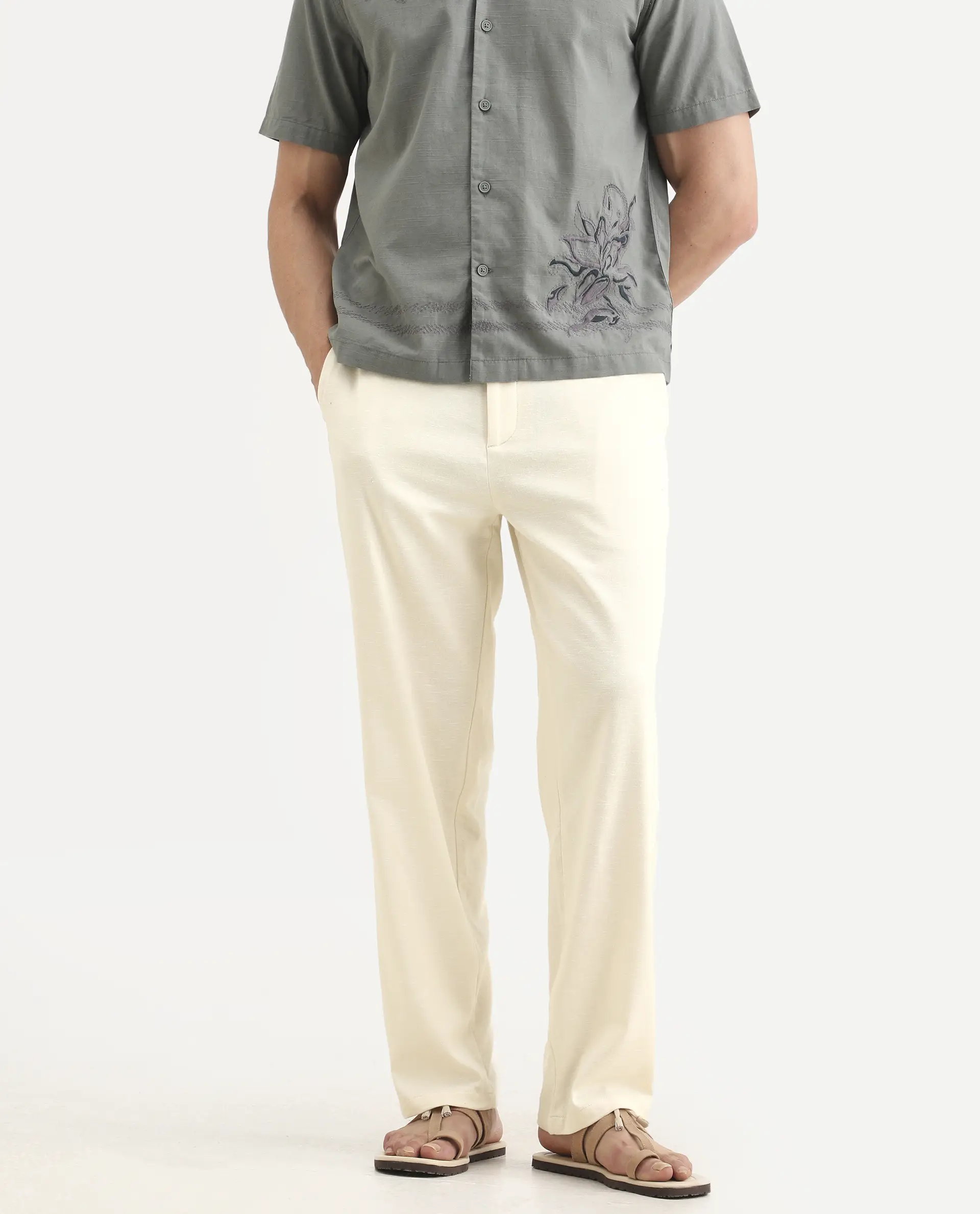 Rare Rabbit Men's Liao Beige Linen Blend Fabric Straight Fit Plain Trouser - Image 2