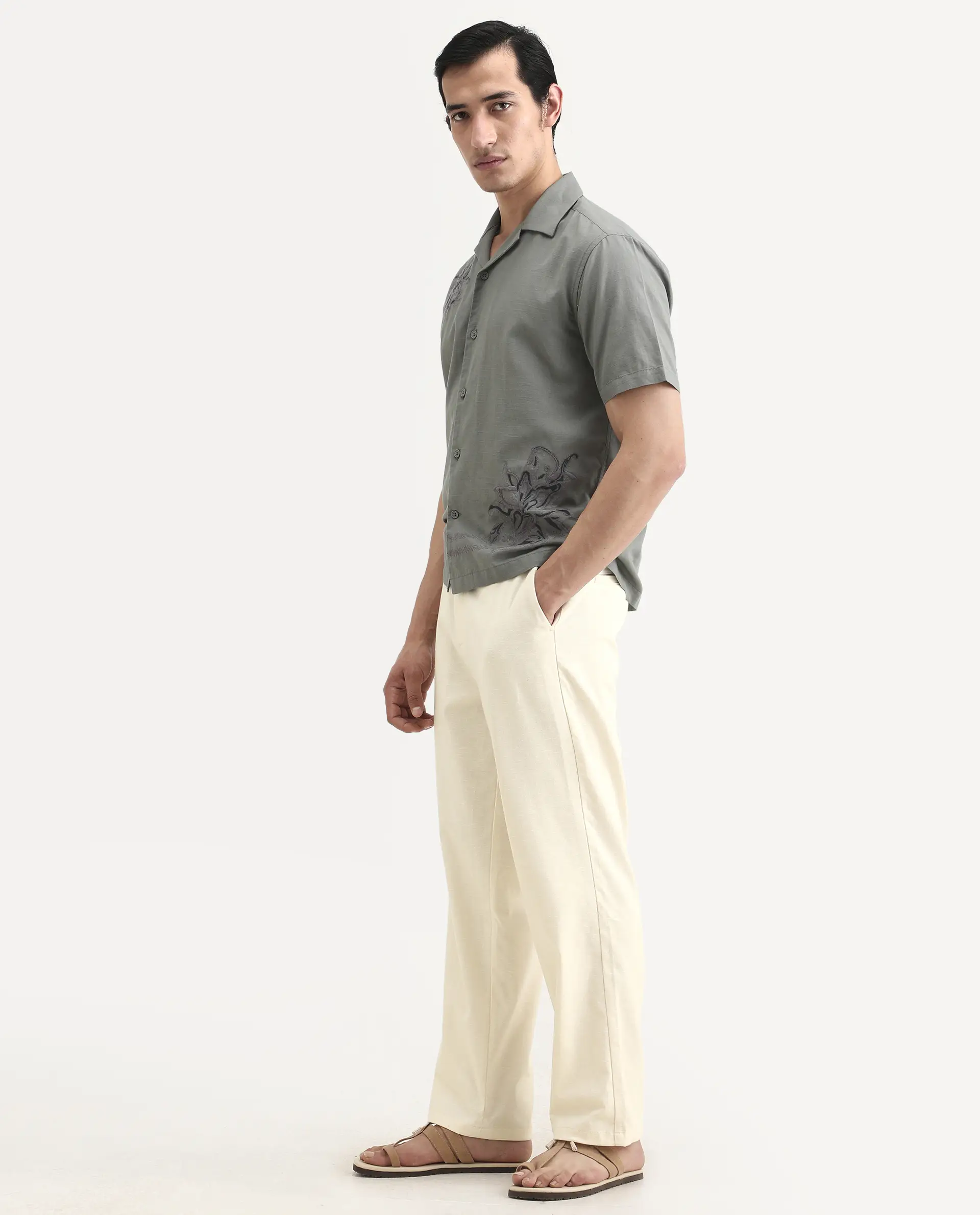 Rare Rabbit Men's Liao Beige Linen Blend Fabric Straight Fit Plain Trouser - Image 5