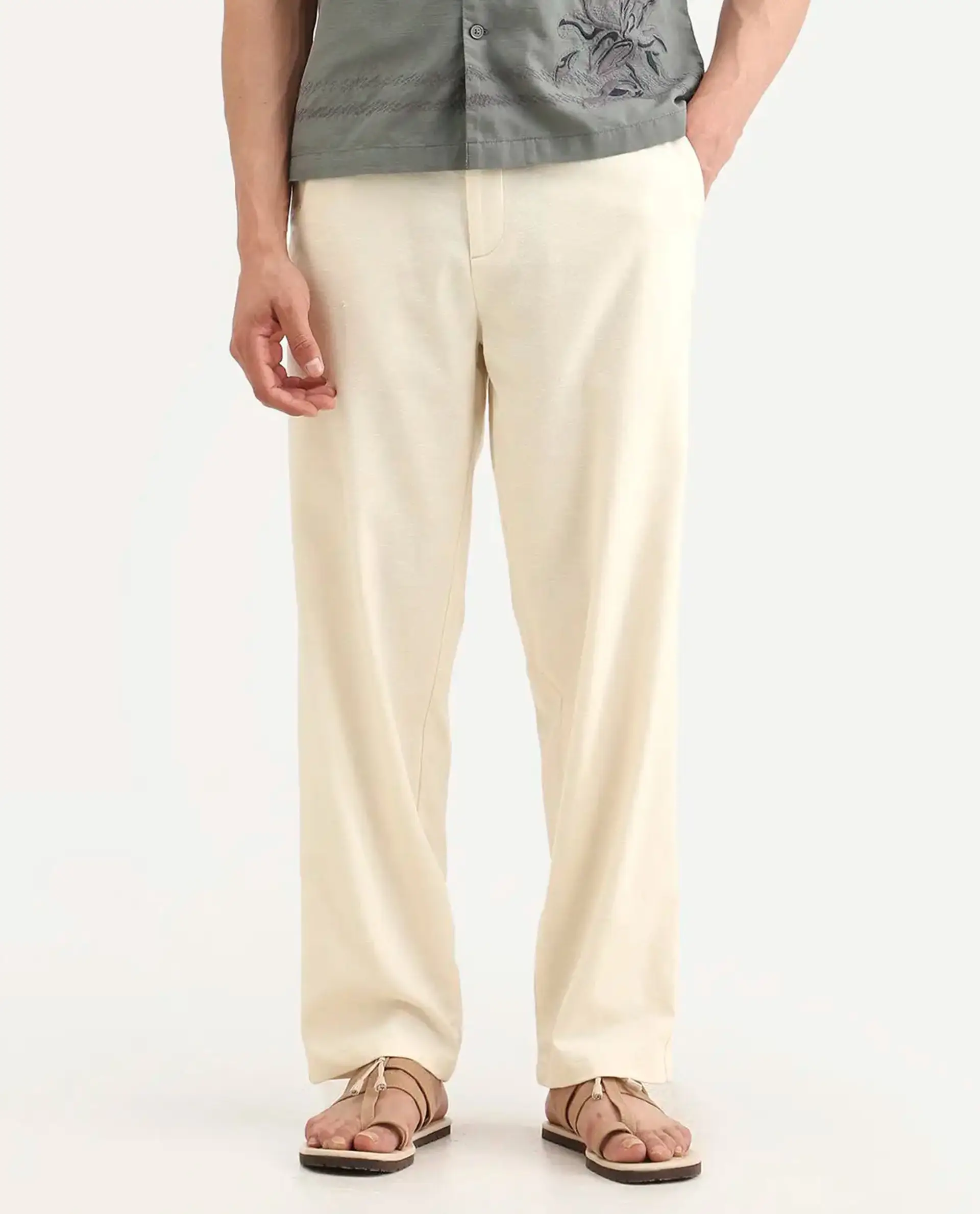 Rare Rabbit Men's Liao Beige Linen Blend Fabric Straight Fit Plain Trouser - Image 9